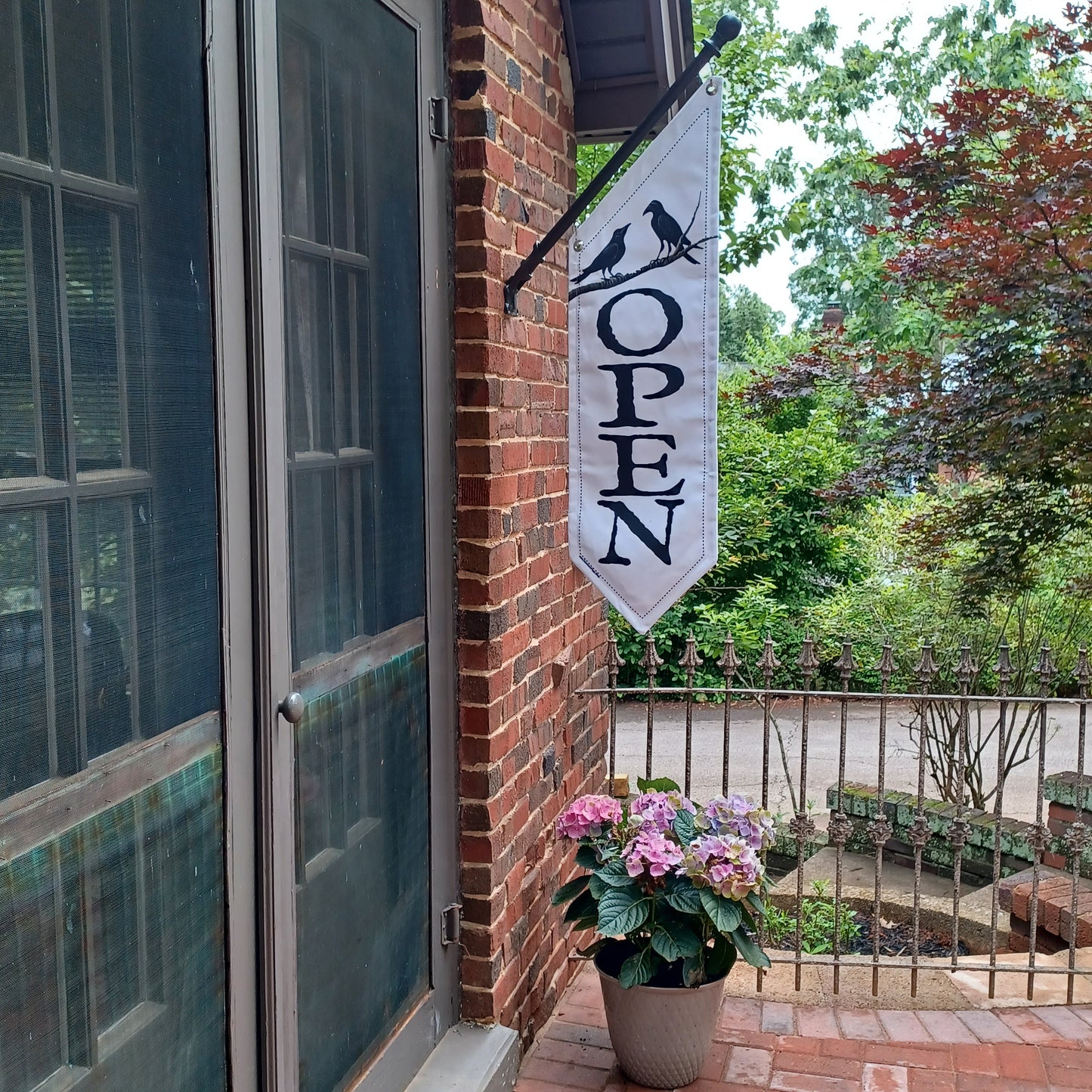 FRIENDLY CROWS OPEN FLAG * double sided * heavy weight canvas * handmade pole & bracket