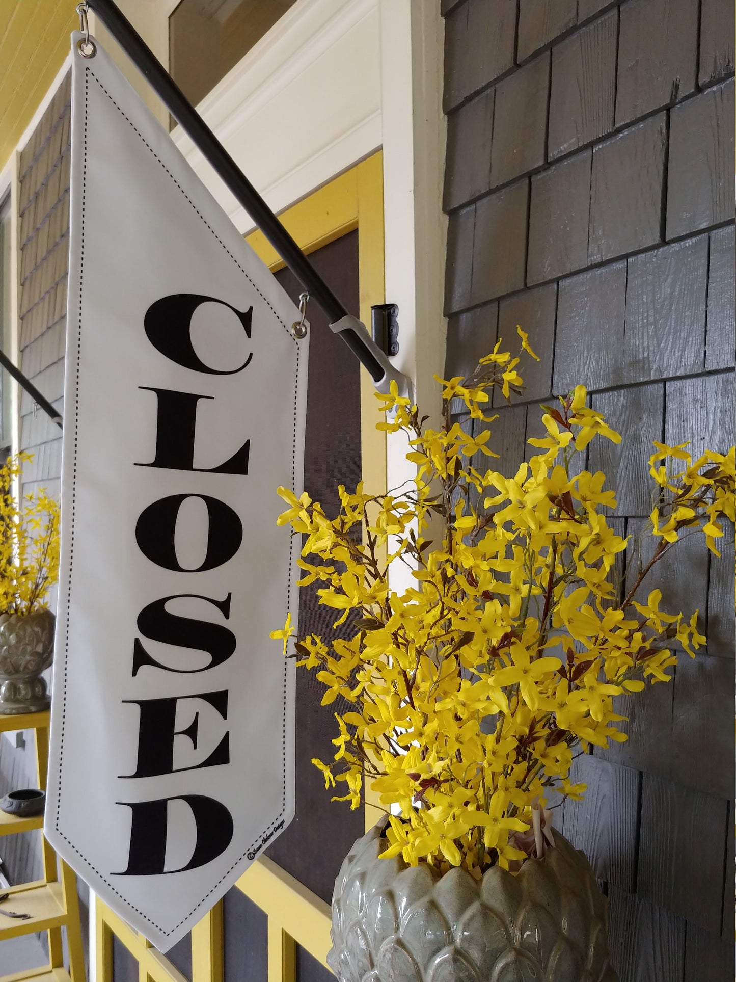 ELEGANT CLOSED flag * double sided * heavy weight canvas * handmade poles & brackets * black or white