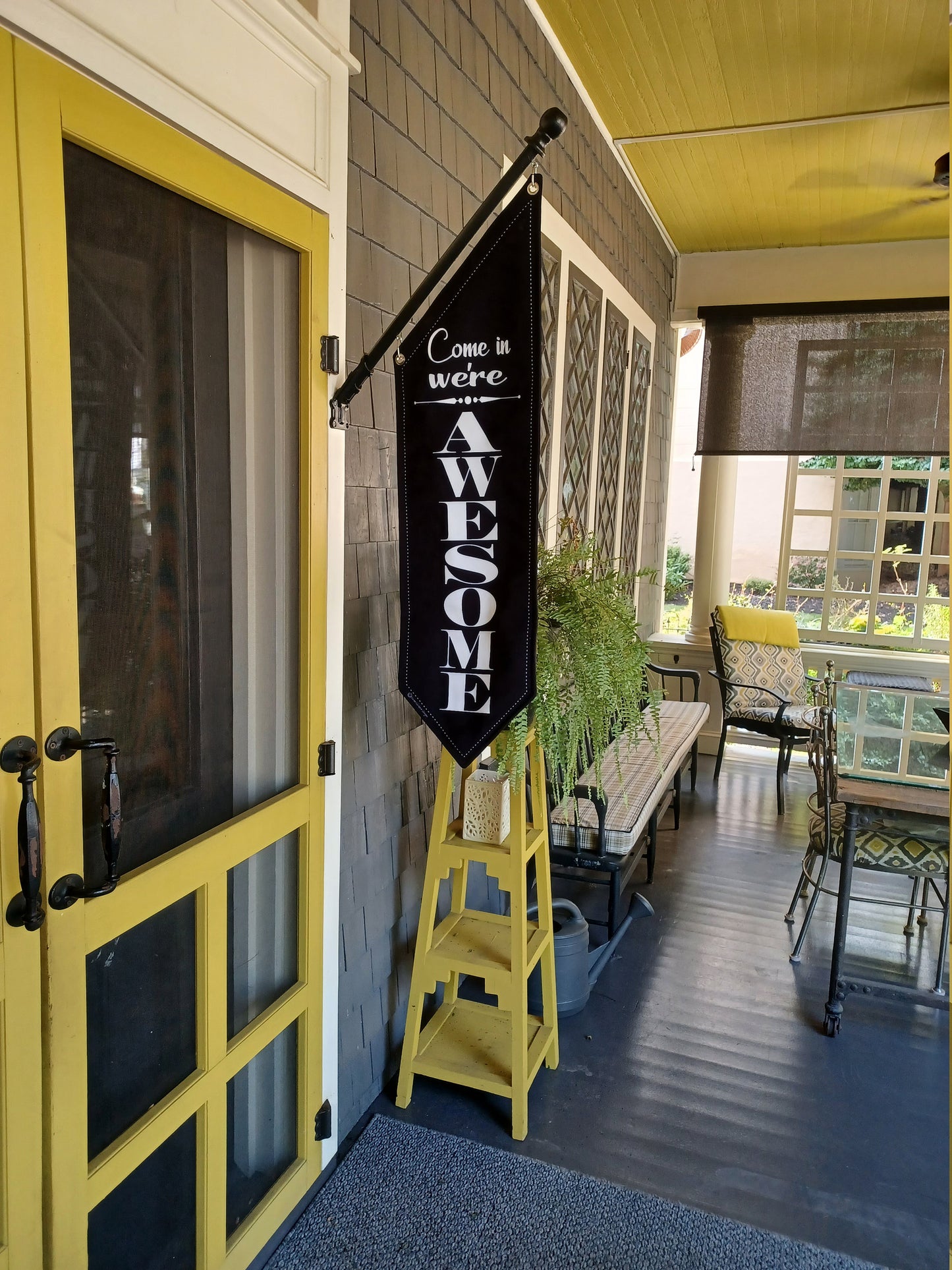 ELEGANT * Come in we're OPEN or Come in we're AWESOME flag * two designs * double sided * heavy weight canvas * pole & bracket included