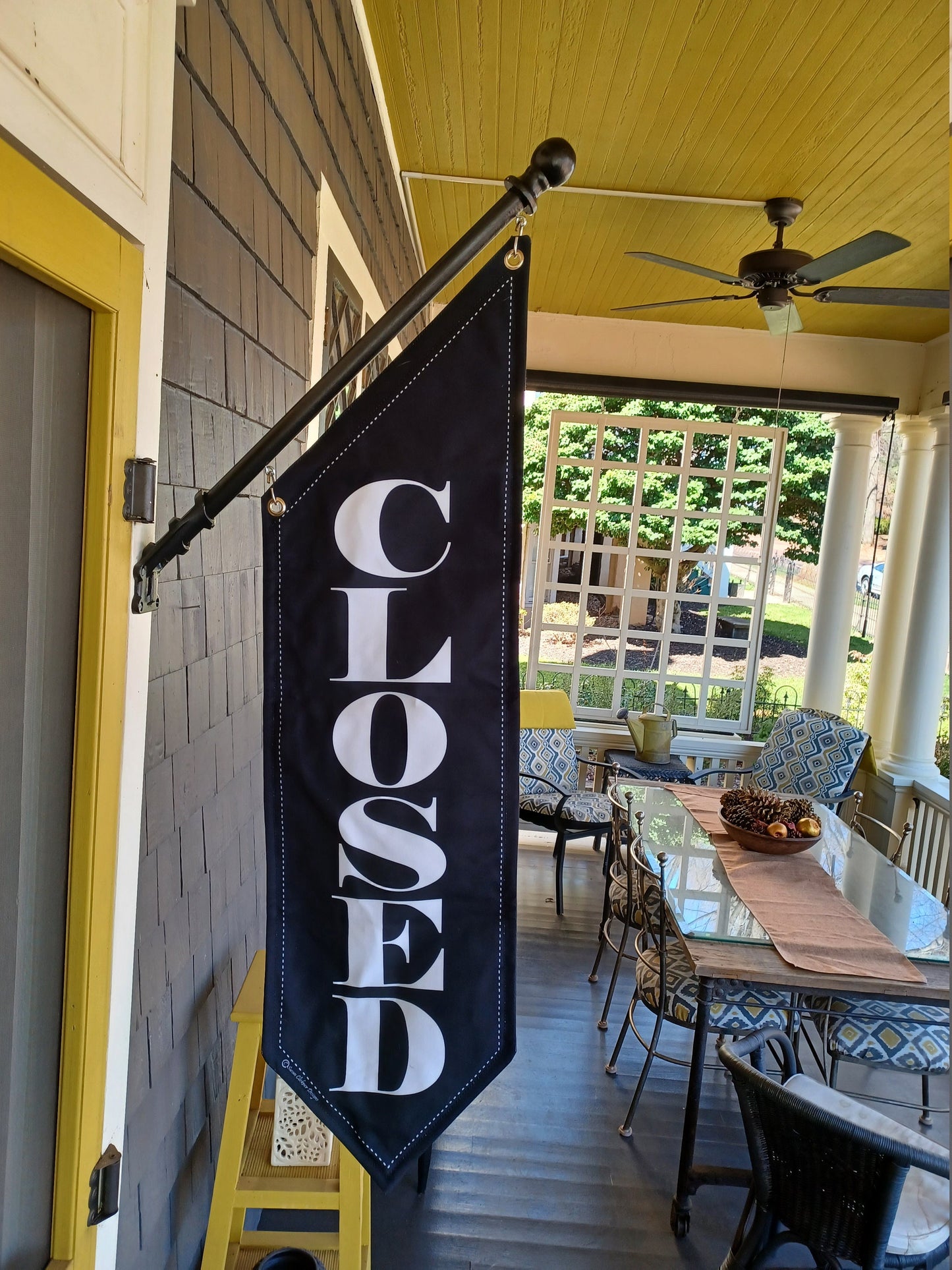 ELEGANT CLOSED flag * double sided * heavy weight canvas * handmade poles & brackets * black or white