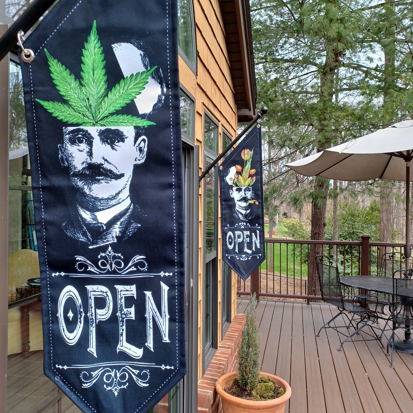 OPEN Head Man flag * POT HEAD * double sided * heavy weight canvas * handmade pole & bracket * printed on both sides