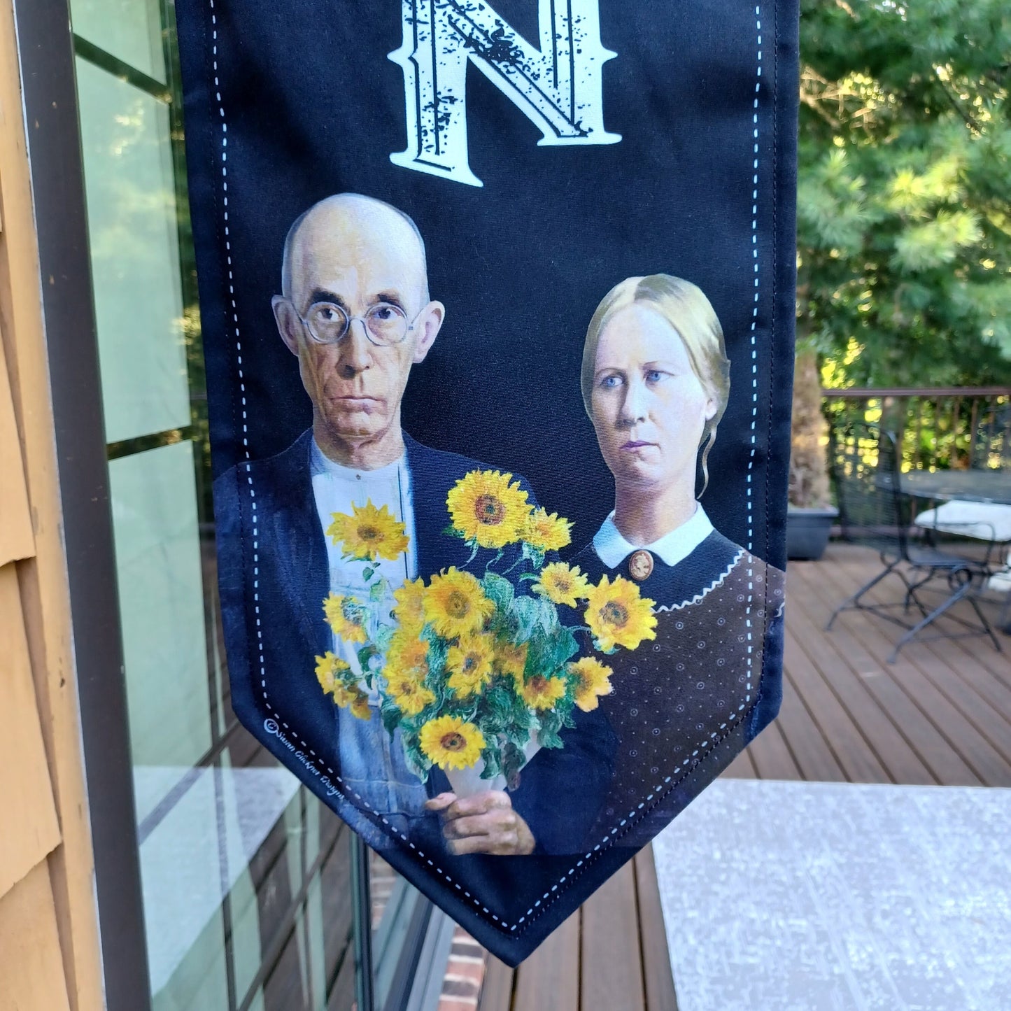 AMERICAN GOTHIC OPEN Flag with Sunflowers * double sided * heavy weight canvas * handmade pole & bracket * printed on both sides