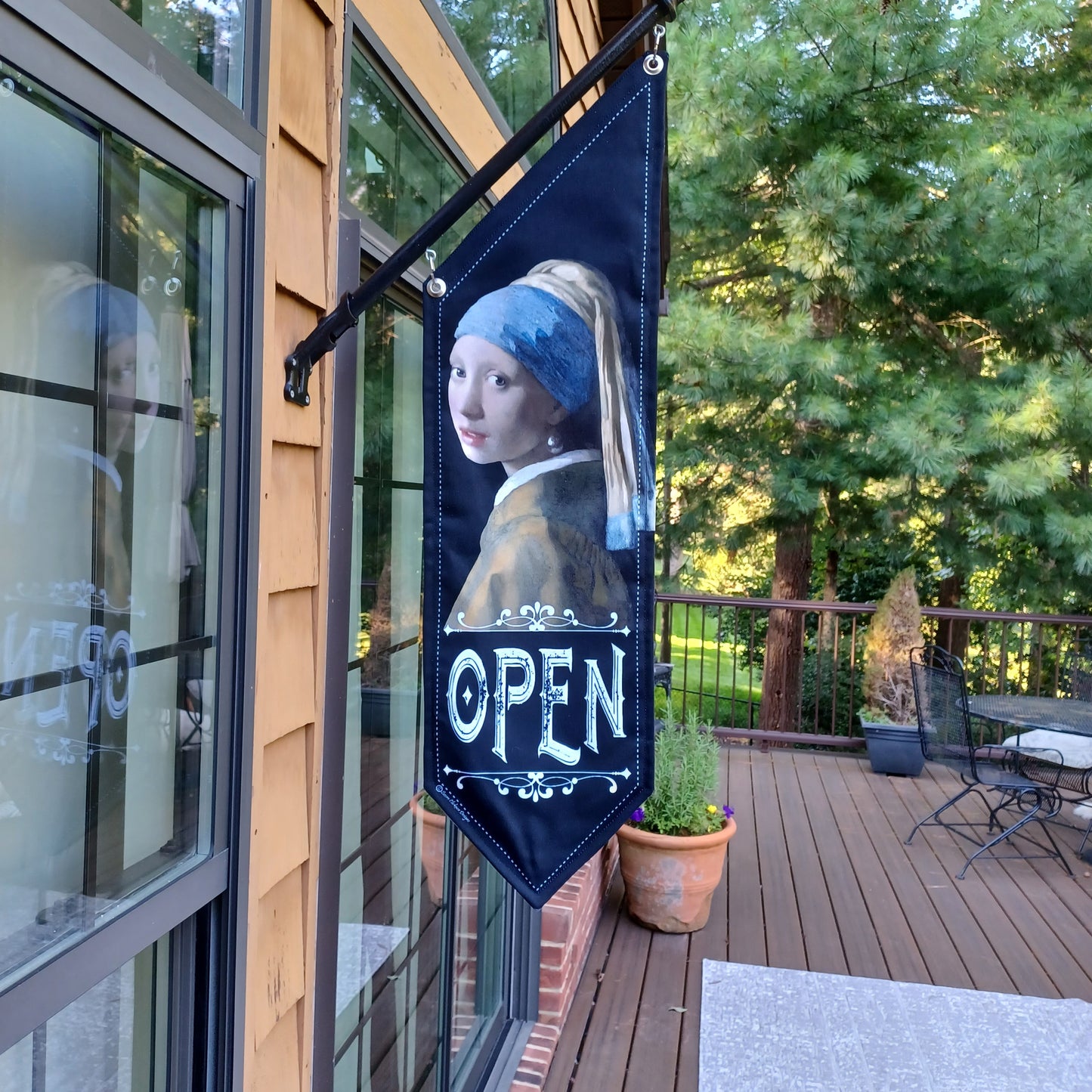 GIRL with the Pearl Earring OPEN flag * double sided * heavy weight canvas * handmade pole & bracket * printed on both sides