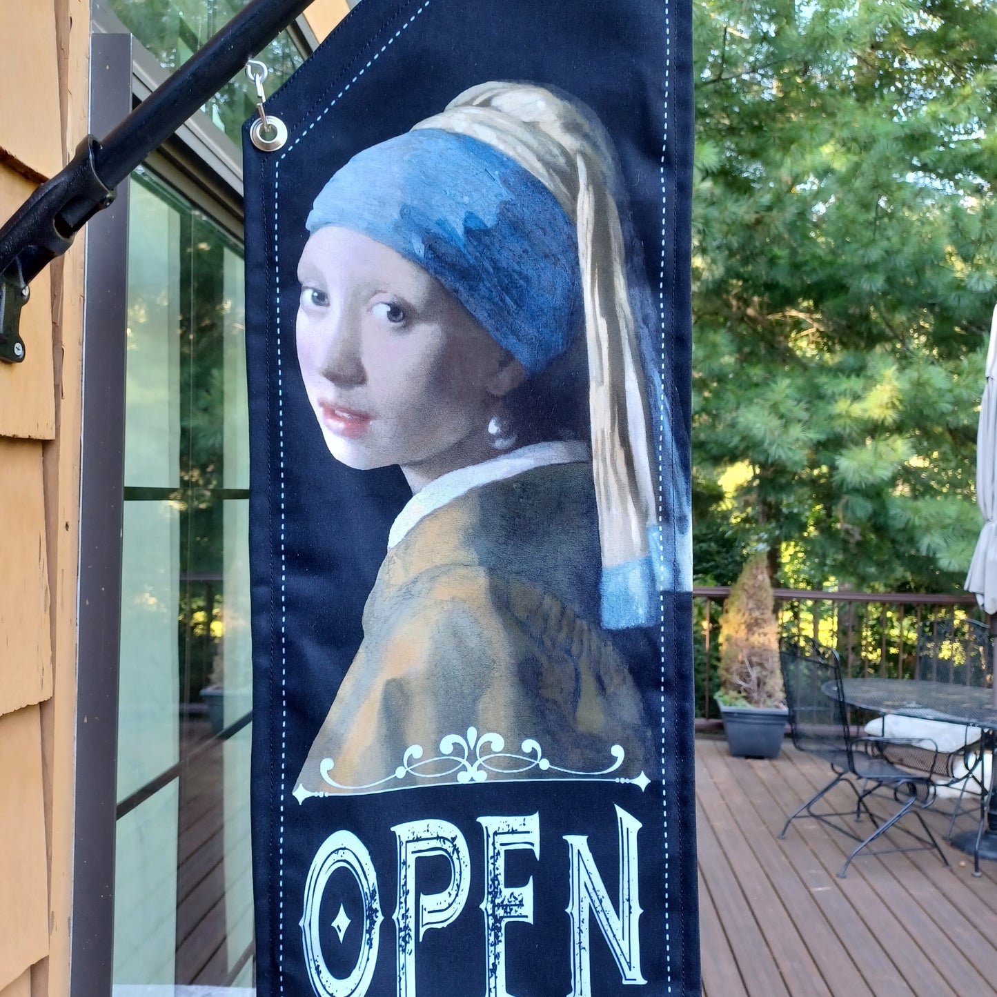 GIRL with the Pearl Earring OPEN flag * double sided * heavy weight canvas * handmade pole & bracket * printed on both sides