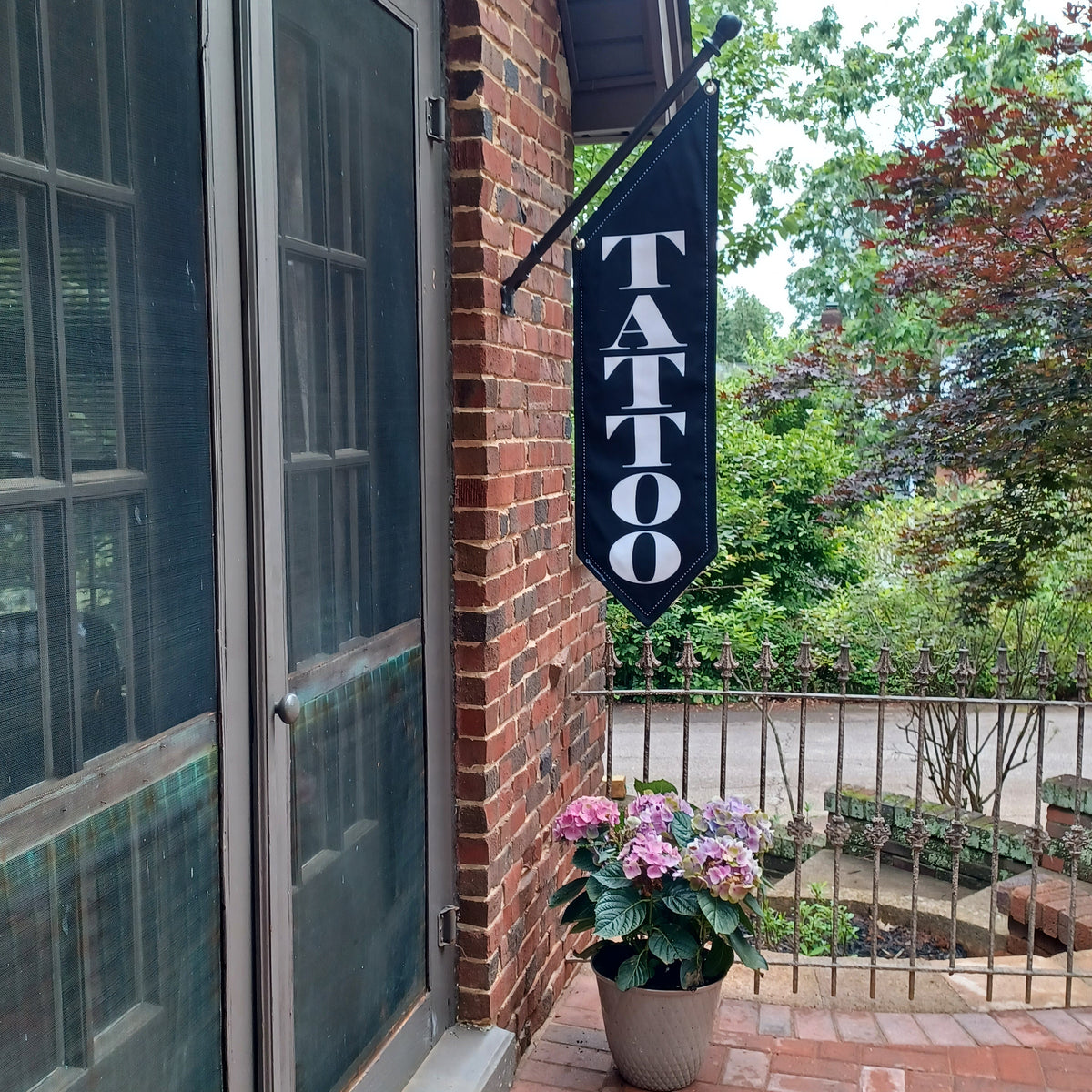 ELEGANT TATTOO Flag * double sided * heavy weight canvas * handmade pole & bracket included