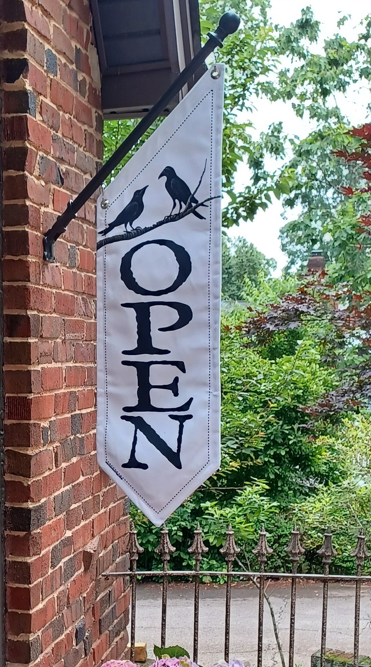 FRIENDLY CROWS OPEN FLAG * double sided * heavy weight canvas * handmade pole & bracket