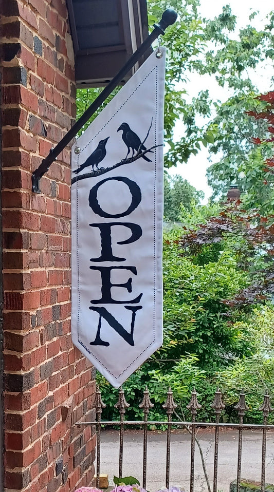 FRIENDLY CROWS OPEN FLAG * double sided * heavy weight canvas * handmade pole & bracket