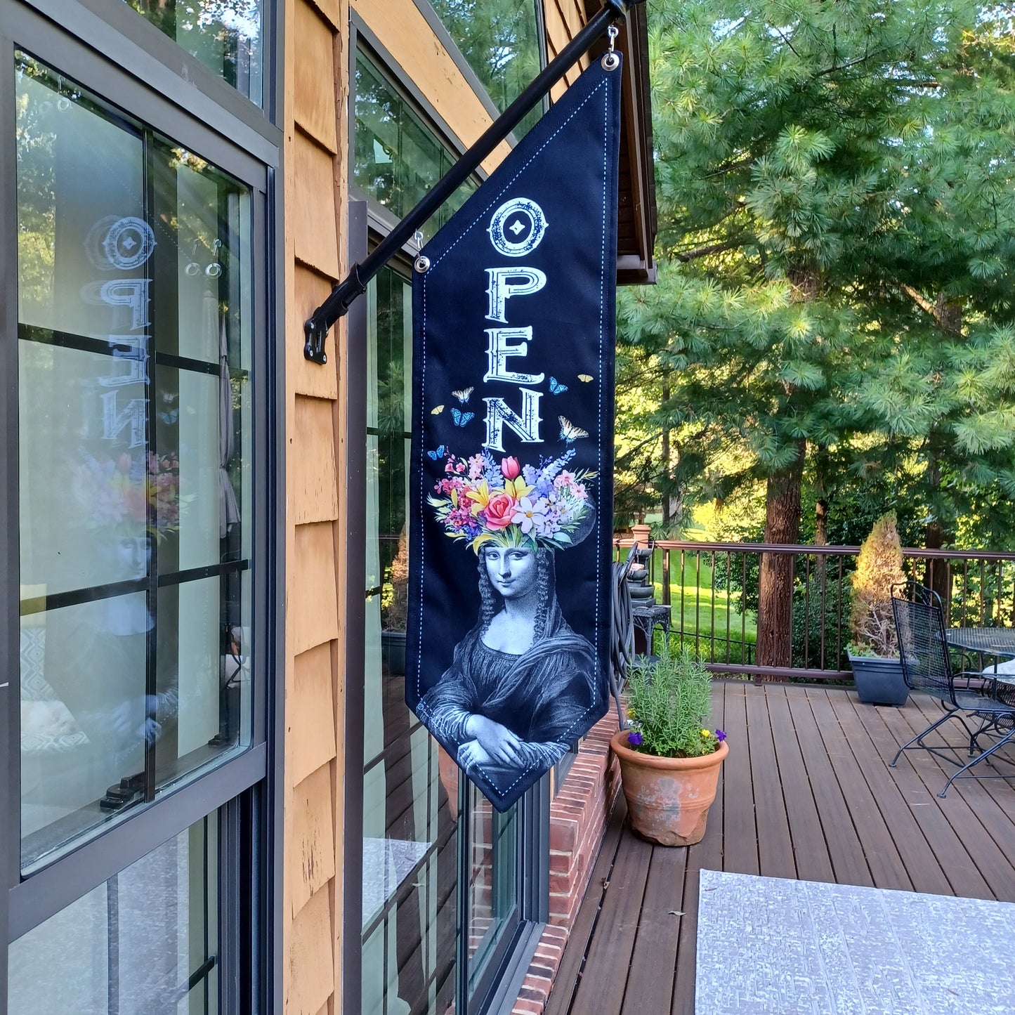MONA LISA Floral OPEN flag * double sided * heavy weight canvas * handmade pole & bracket *  printed on both sides