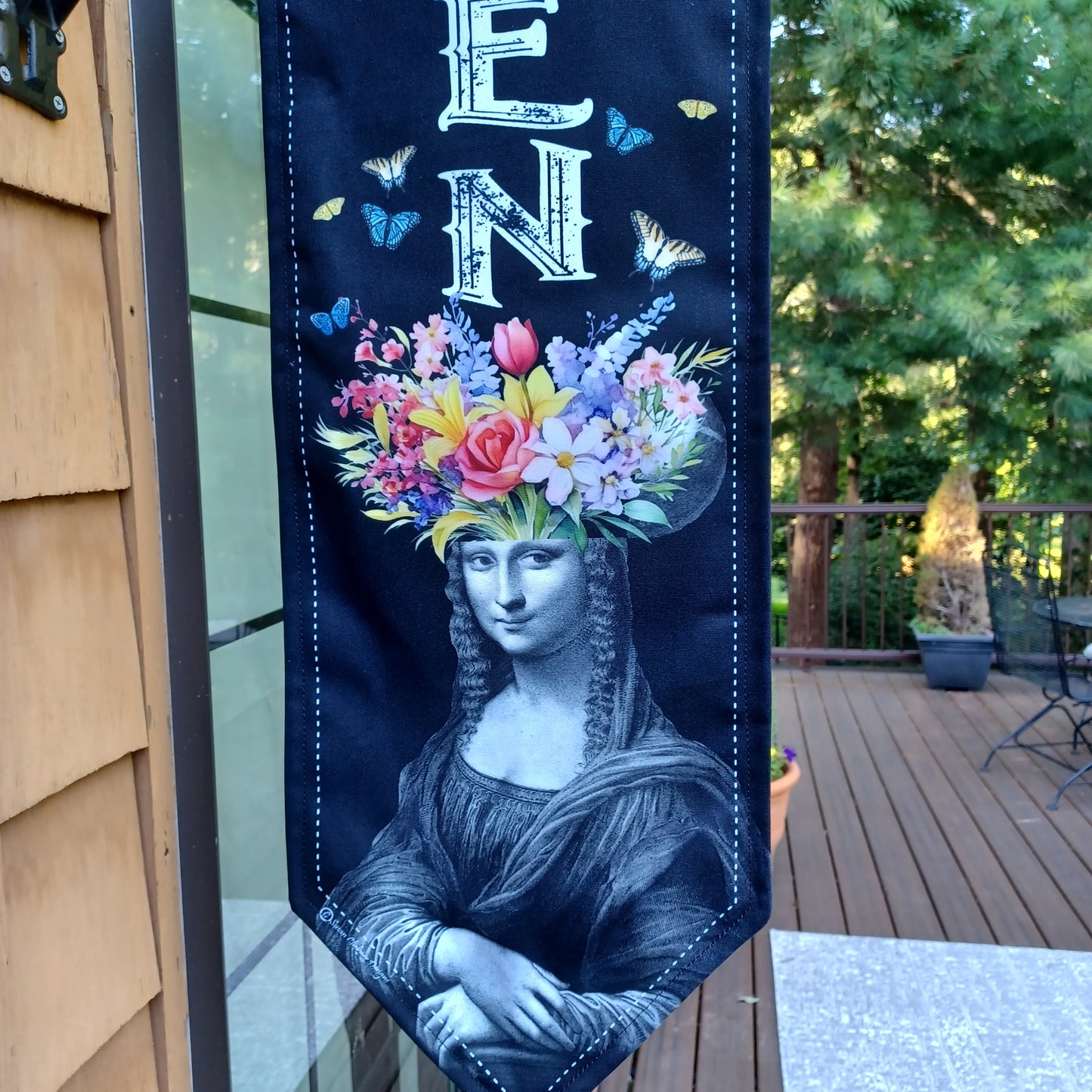 MONA LISA Floral OPEN flag * double sided * heavy weight canvas * handmade pole & bracket *  printed on both sides