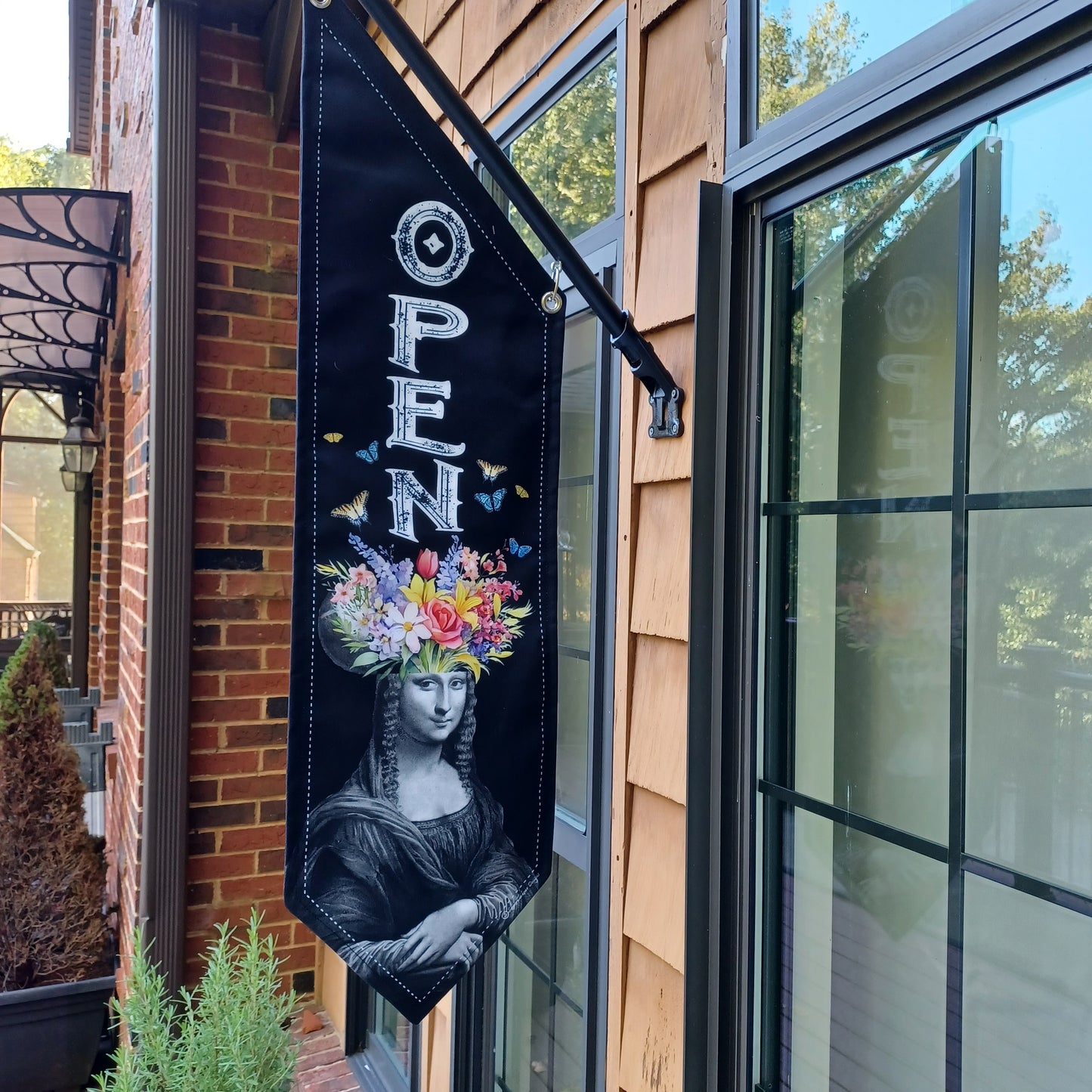 MONA LISA Floral OPEN flag * double sided * heavy weight canvas * handmade pole & bracket *  printed on both sides