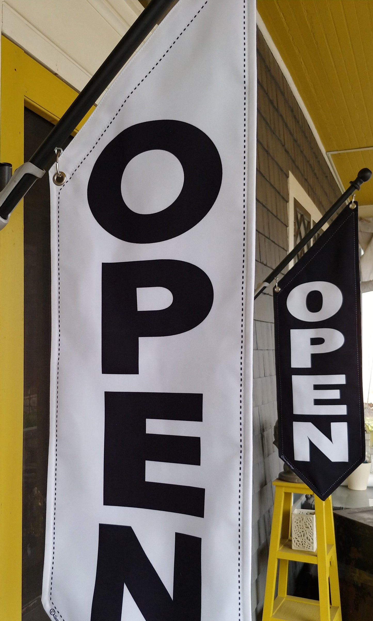 BASIC OPEN flag * double sided * heavy weight canvas * handmade pole & bracket *  printed on both sides * Black  OR   White