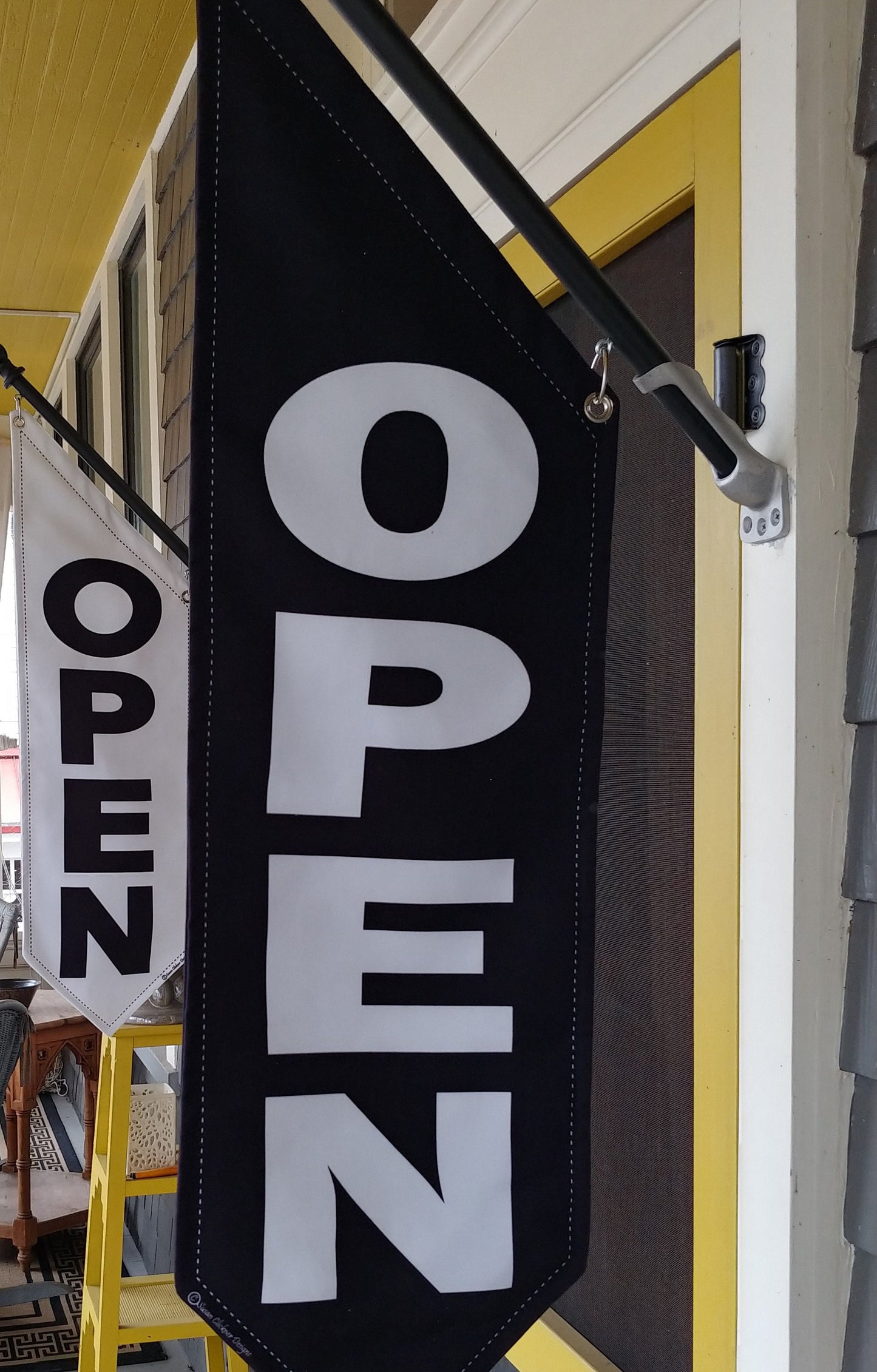 BASIC OPEN flag * double sided * heavy weight canvas * handmade pole & bracket *  printed on both sides * Black  OR   White