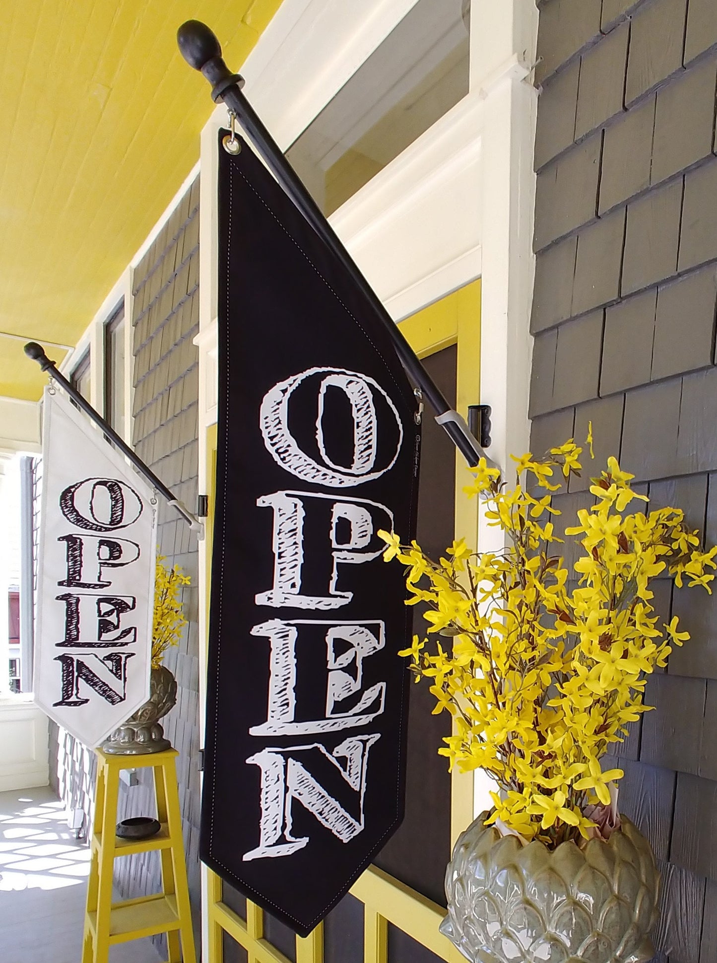 CHALKBOARD OPEN Flag - Black or White Canvas - double sided * outdoor canvas * pole & bracket included *