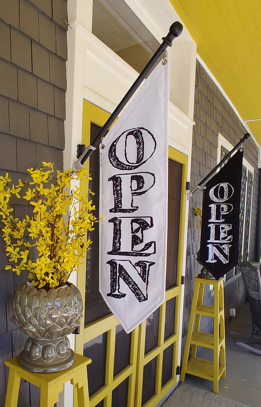 CHALKBOARD OPEN Flag - Black or White Canvas - double sided * outdoor canvas * pole & bracket included *