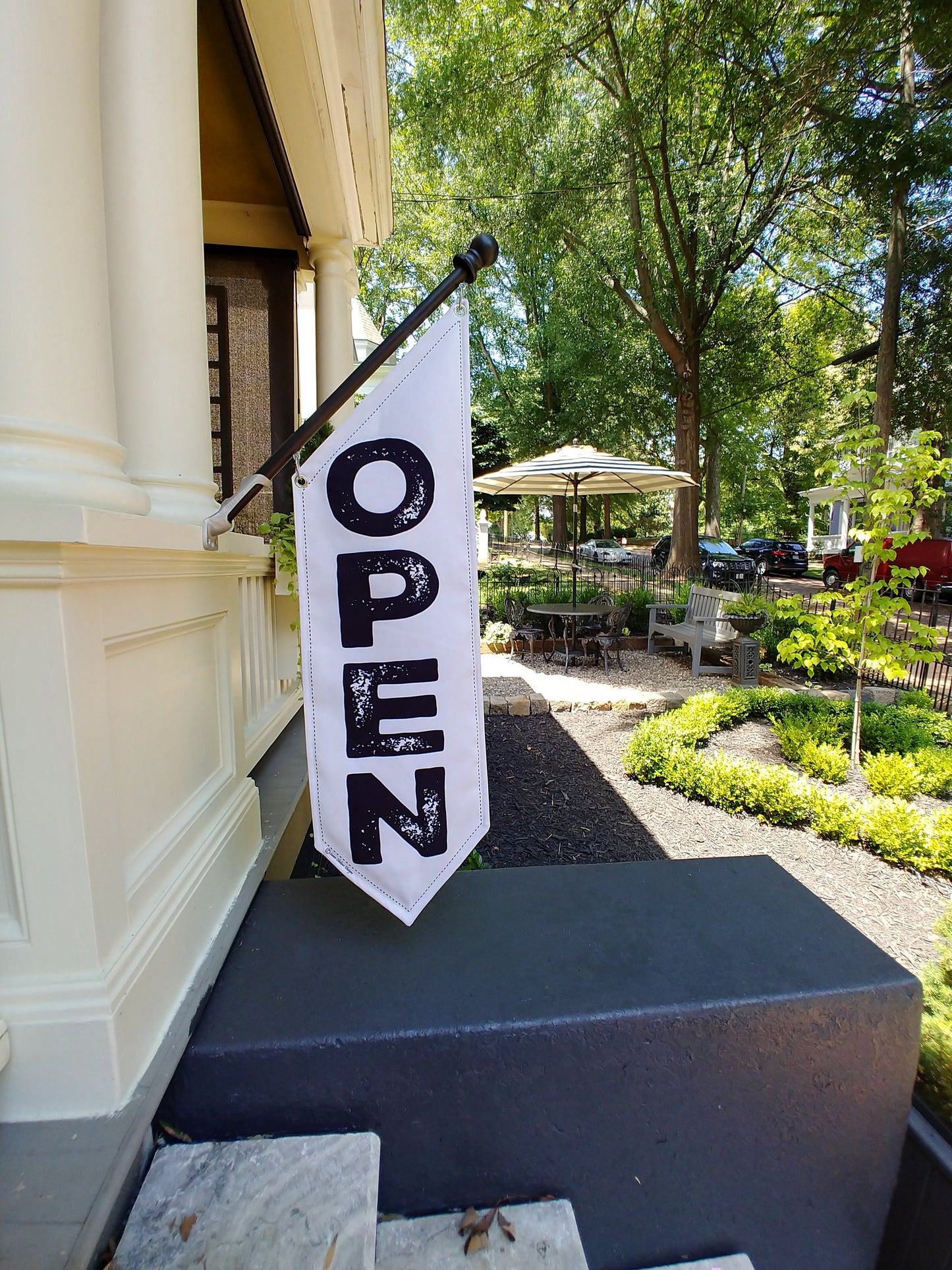 BOLD SPONGE OPEN flag * double sided * handmade pole & bracket * white or black heavy weight canvas