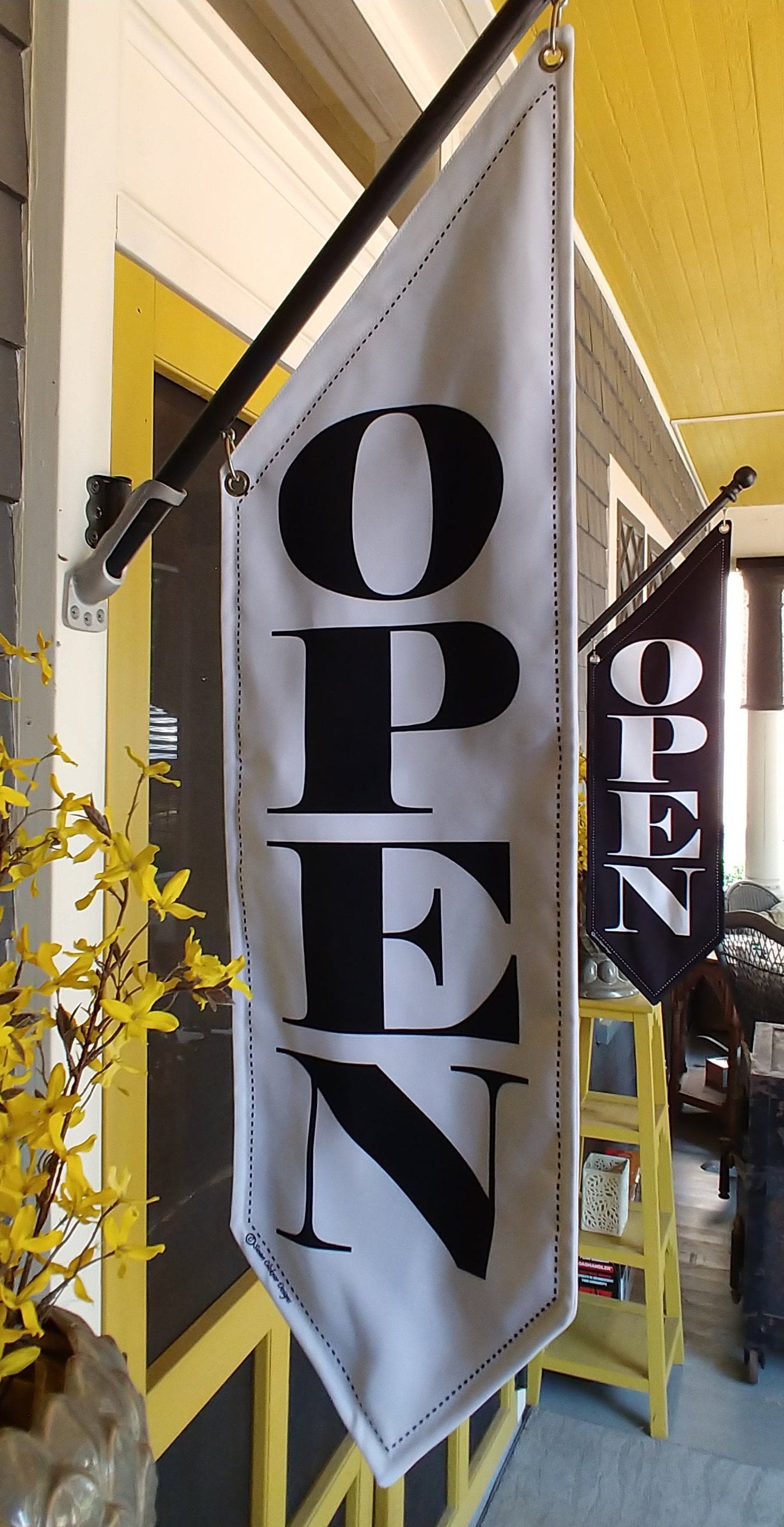 ELEGANT OPEN flag * double sided * heavy weight canvas * handmade pole & bracket *  black or white