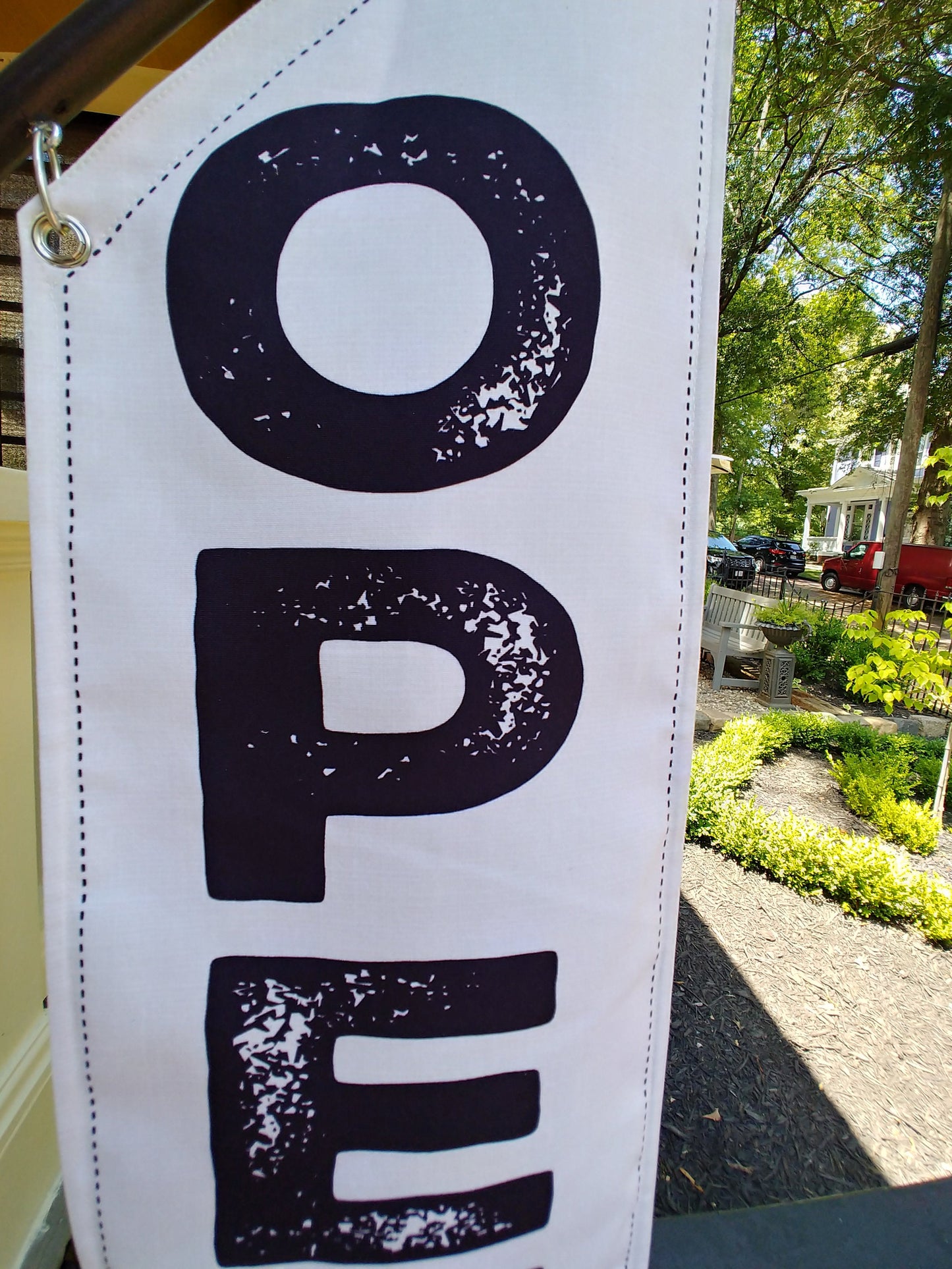 BOLD SPONGE OPEN flag * double sided * handmade pole & bracket * white or black heavy weight canvas