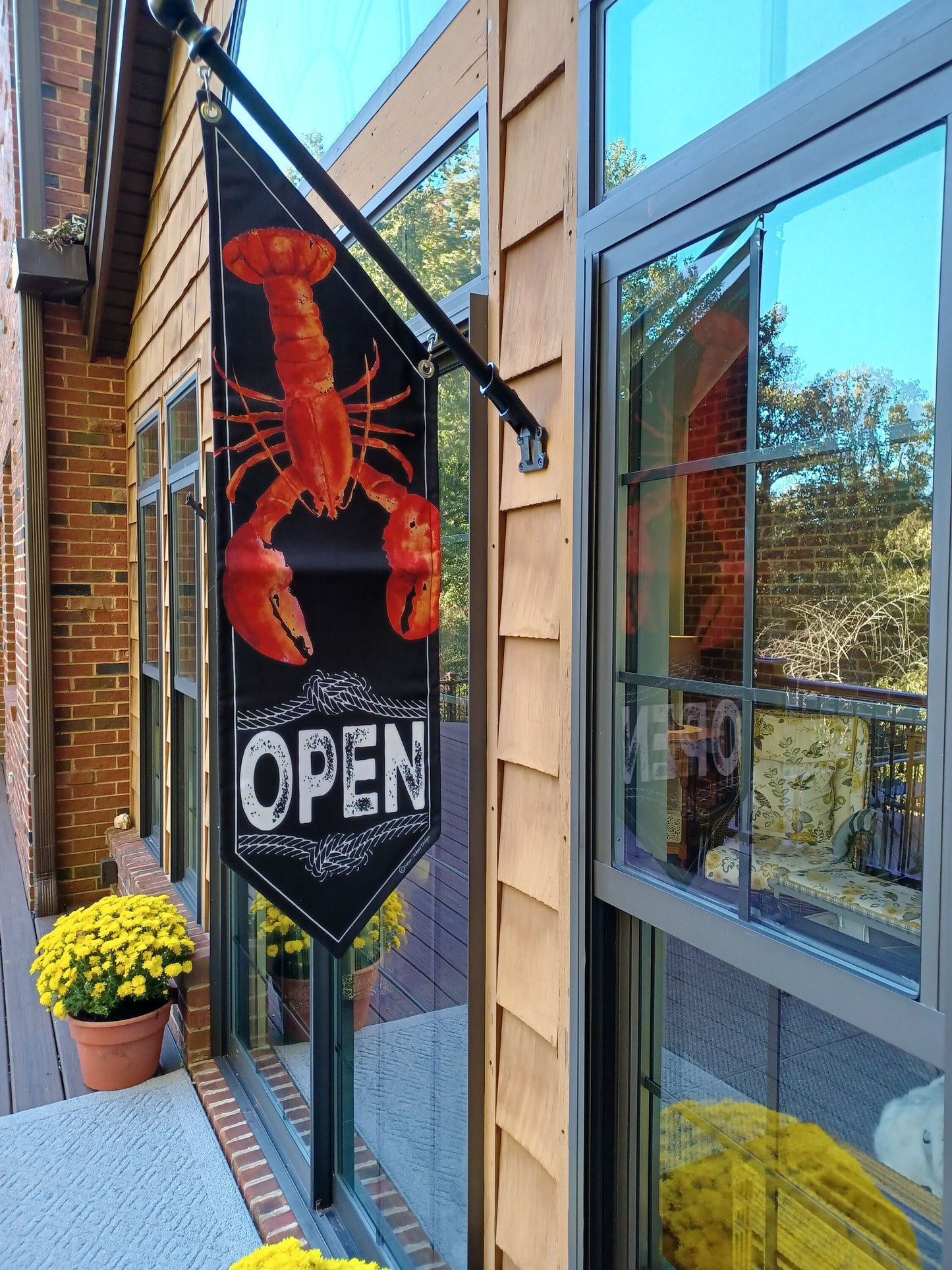 LOBSTER OPEN FLAG * double sided * heavy weight canvas * handmade pole & bracket * Sea Food * Restaurant * Coastal