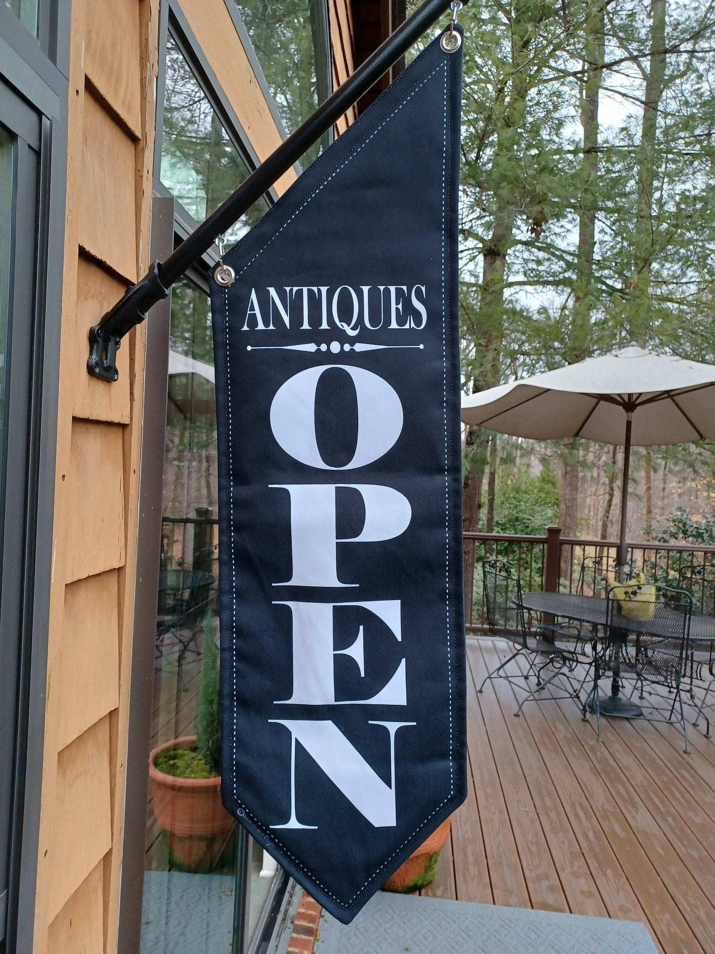 ELEGANT OPEN flag with Top Phrase * double sided * heavy weight black canvas * pole & bracket included *