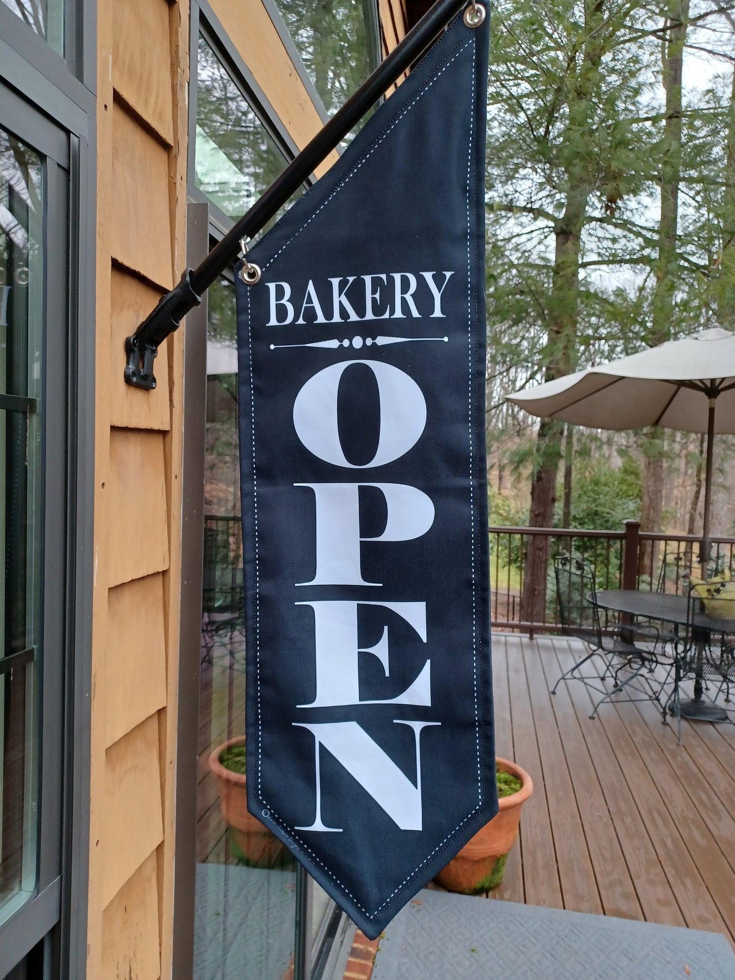 ELEGANT OPEN flag with Top Phrase * double sided * heavy weight black canvas * pole & bracket included *