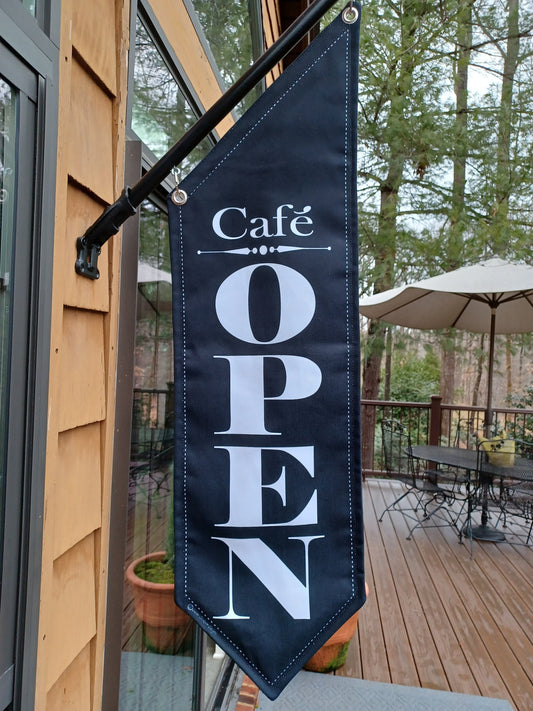 ELEGANT OPEN flag with Top Phrase * double sided * heavy weight black canvas * pole & bracket included *