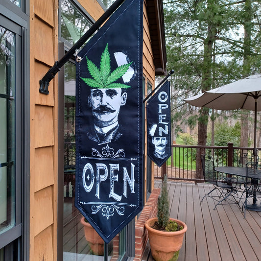 OPEN Head Man flag * POT HEAD * double sided * heavy weight canvas * handmade pole & bracket *  printed on both sides