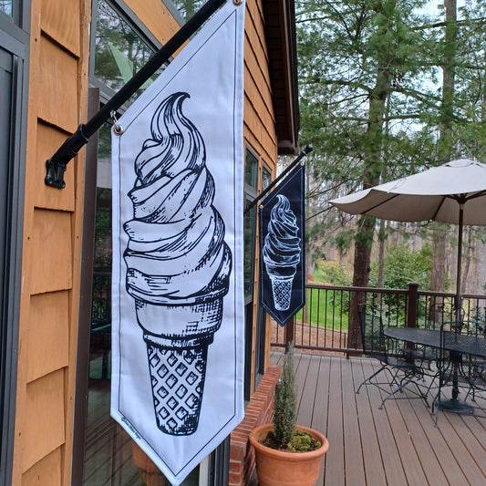 ICE CREAM OPEN flags * double sided heavy weight canvas * soft serve or scooped * black or white * painted wooden pole and hardware included