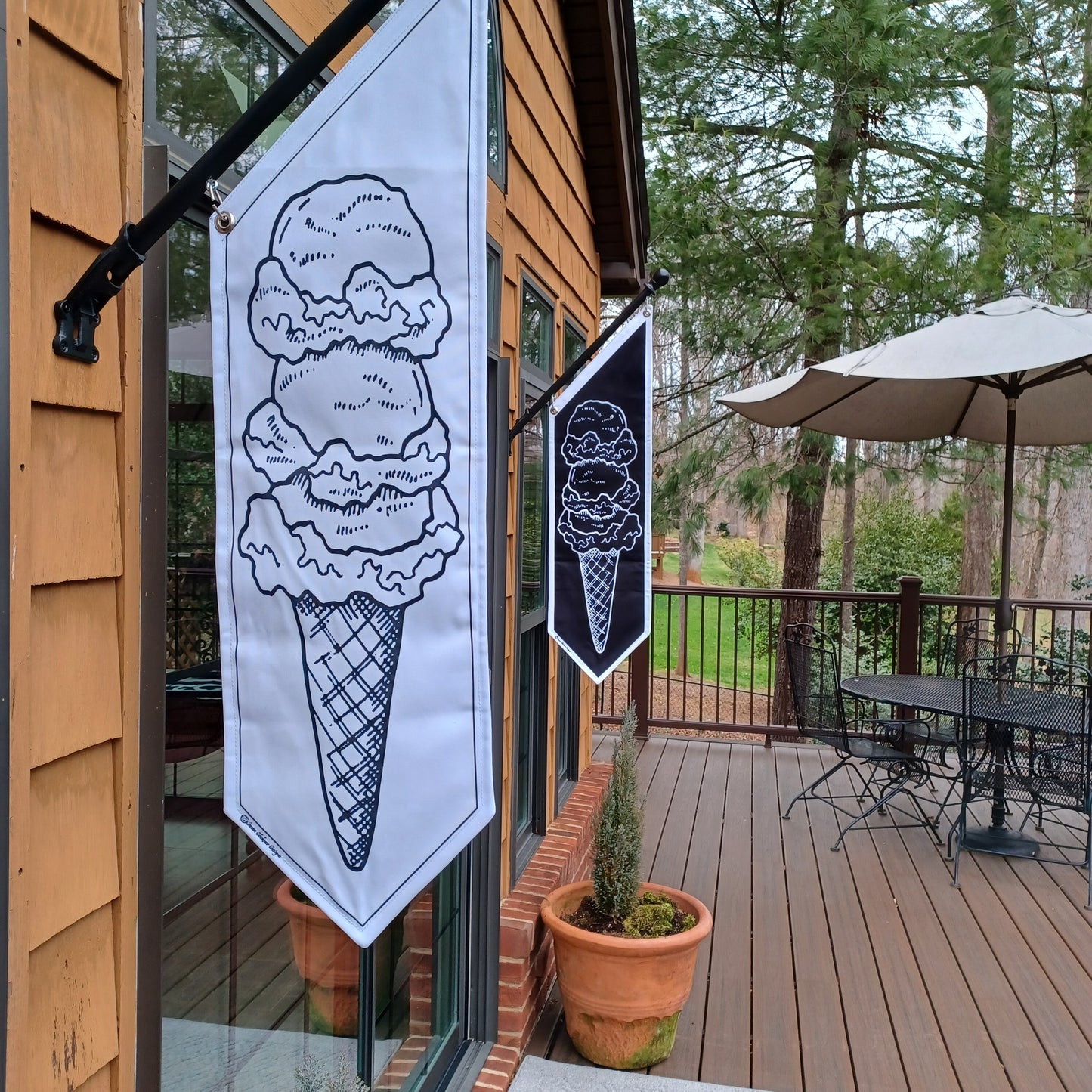 ICE CREAM OPEN flags * double sided heavy weight canvas * soft serve or scooped * black or white * painted wooden pole and hardware included