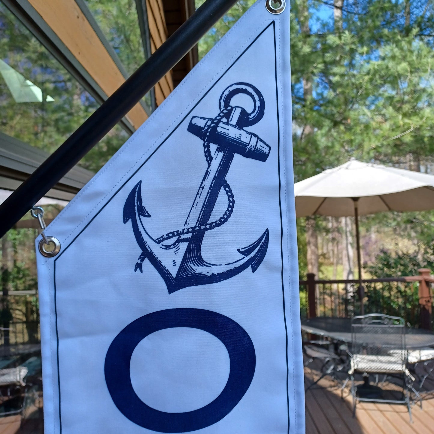 ANCHORS AWAY OPEN flag * double sided * heavy weight canvas * handmade pole & bracket * 2 color choices * Navy or White w navy print