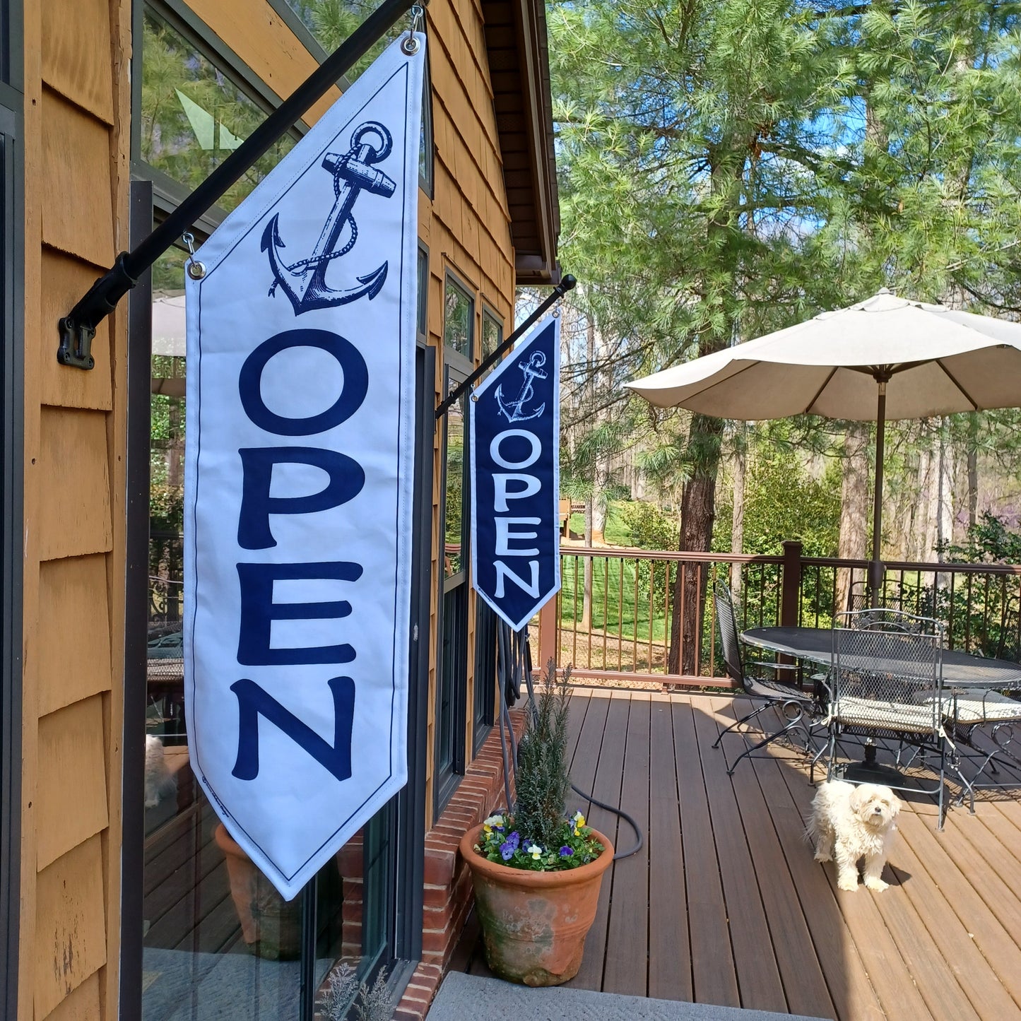 ANCHORS AWAY OPEN flag * double sided * heavy weight canvas * handmade pole & bracket * 2 color choices * Navy or White w navy print