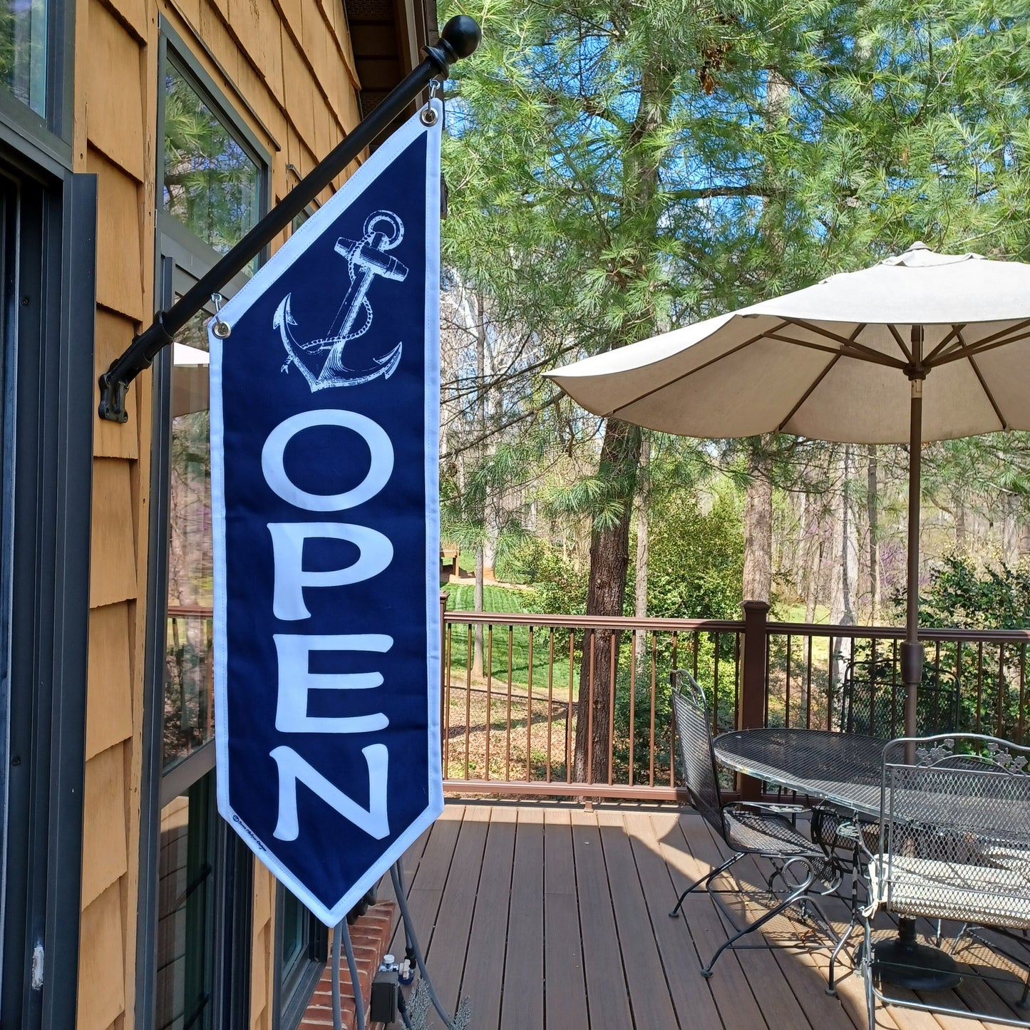 ANCHORS AWAY OPEN flag * double sided * heavy weight canvas * handmade pole & bracket * 2 color choices * Navy or White w navy print