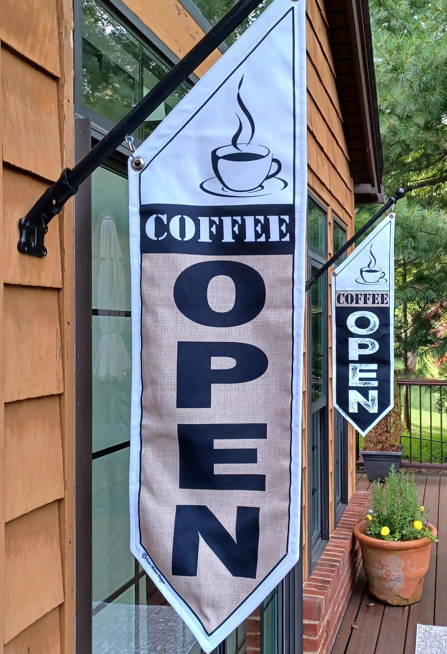 COFFEE OPEN FLAG burlap or black * double sided * heavy weight canvas * handmade pole & bracket