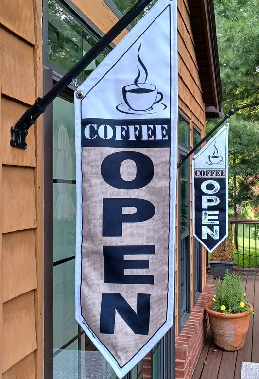 COFFEE OPEN FLAG burlap or black * double sided * heavy weight canvas * handmade pole & bracket