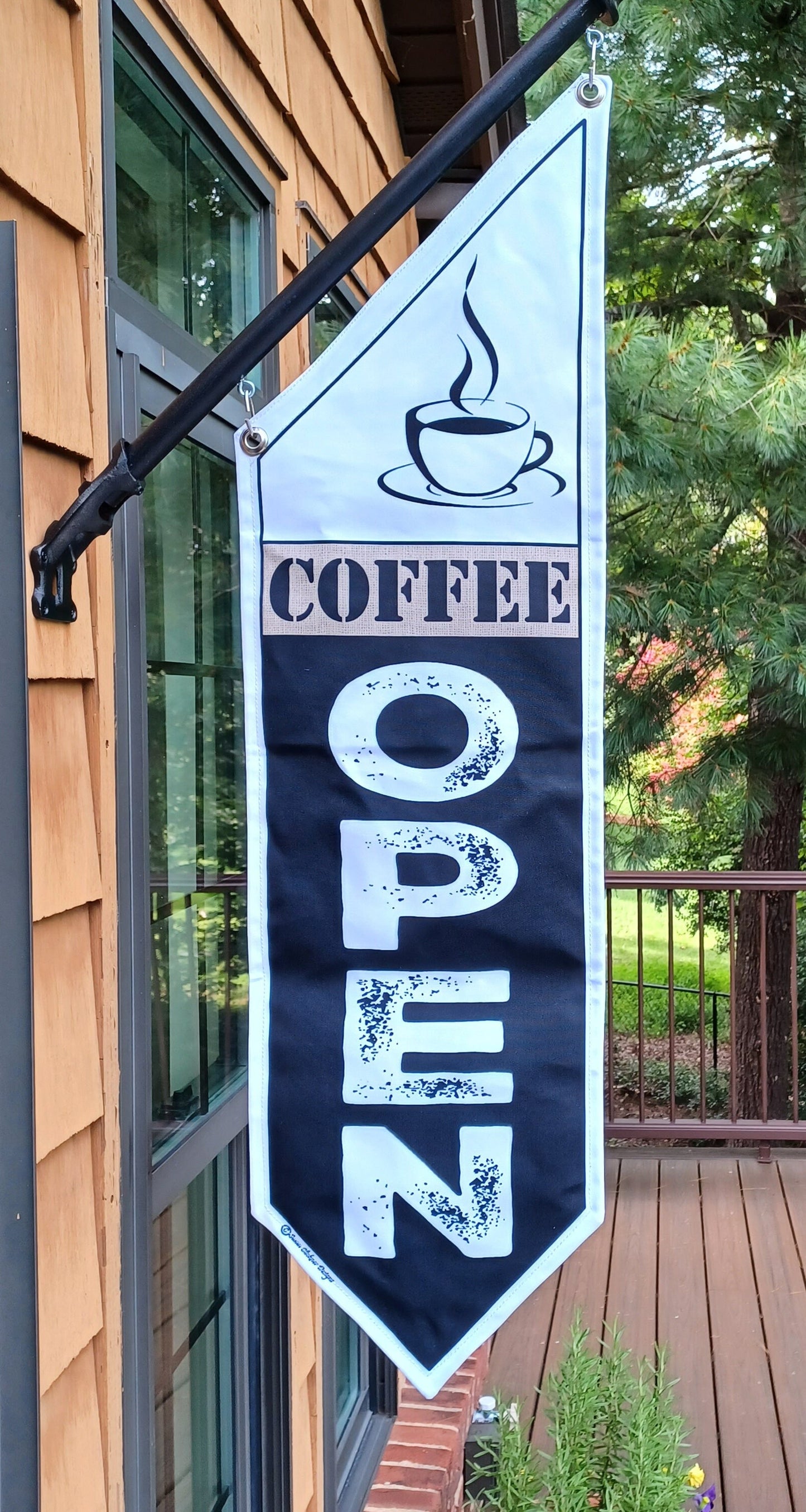 COFFEE OPEN FLAG burlap or black * double sided * heavy weight canvas * handmade pole & bracket