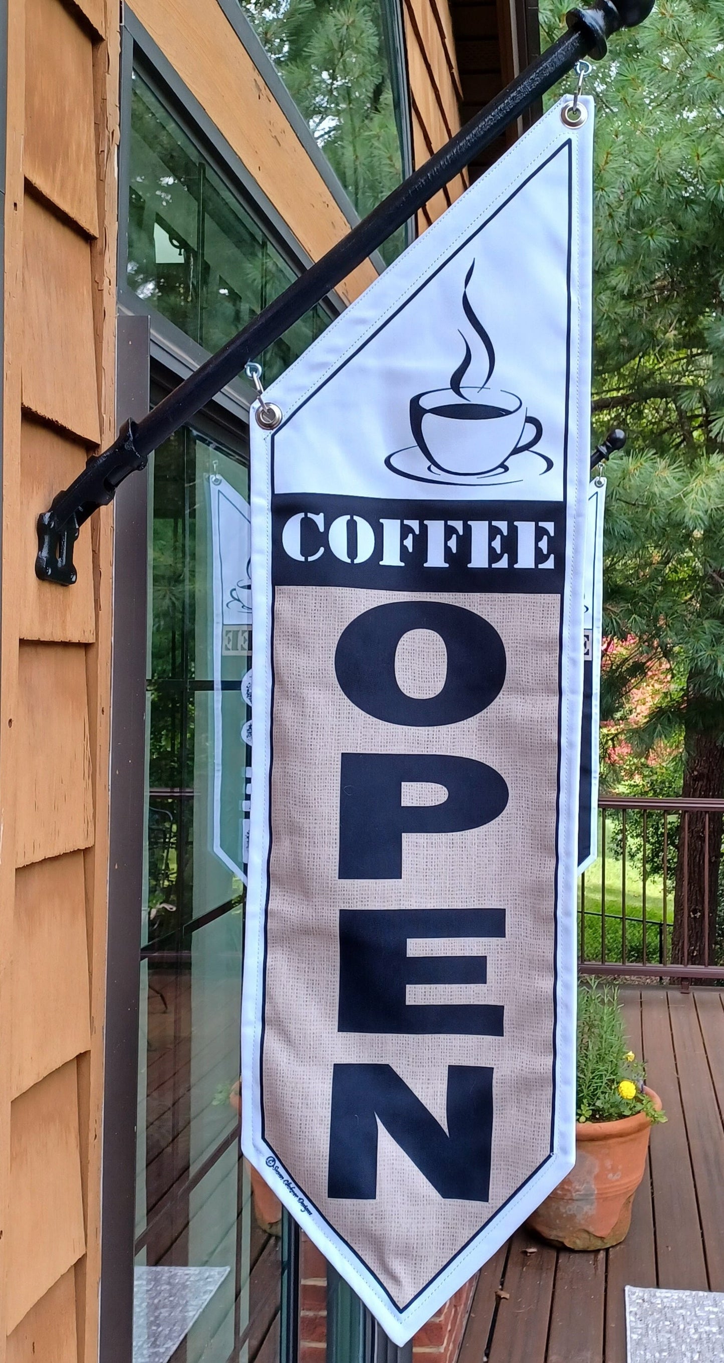 COFFEE OPEN FLAG burlap or black * double sided * heavy weight canvas * handmade pole & bracket