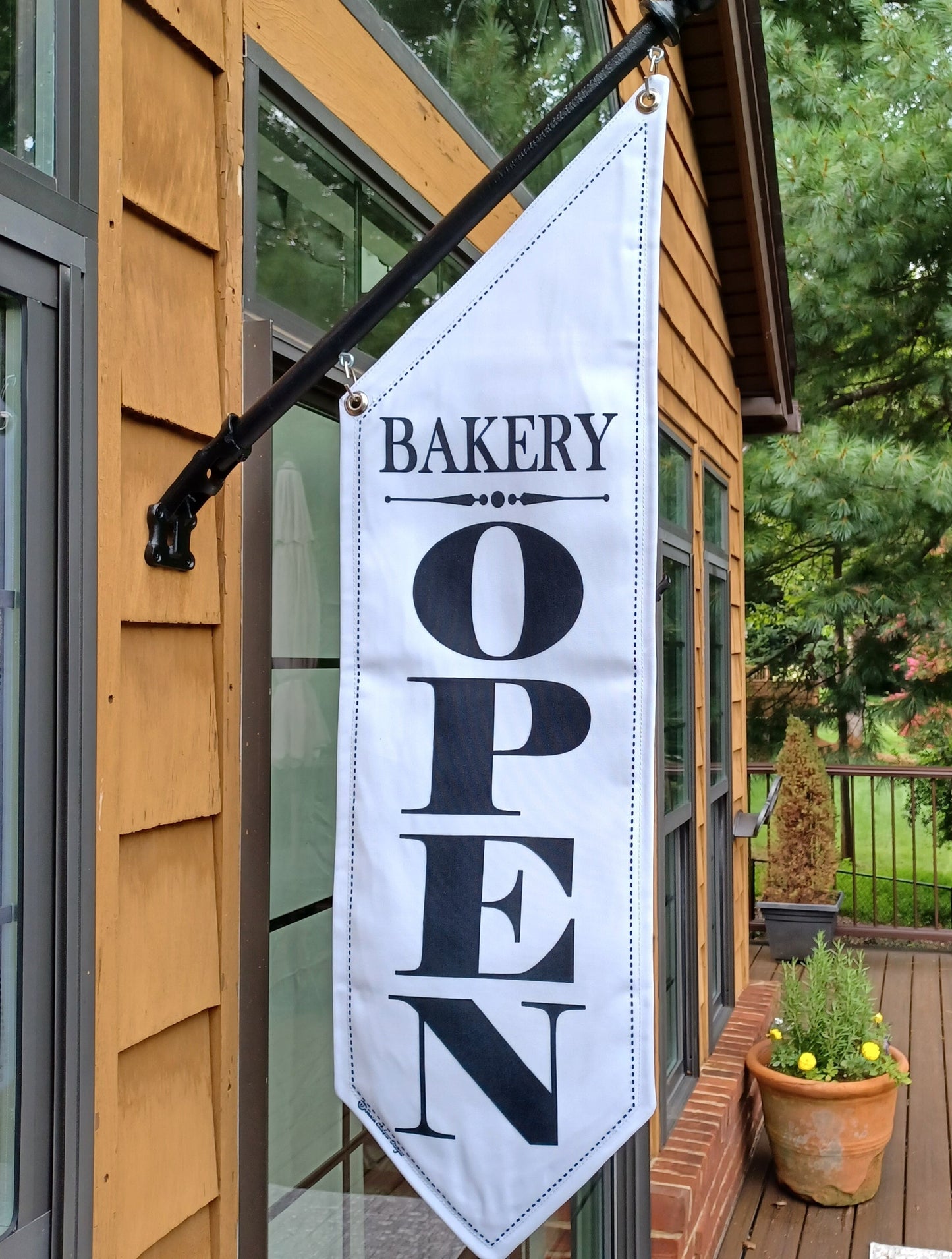 ELEGANT OPEN flag with Top Phrase on WHITE canvas * Antiques Gallery Bakery Cafe Coffee Salon Gifts Boutique Books