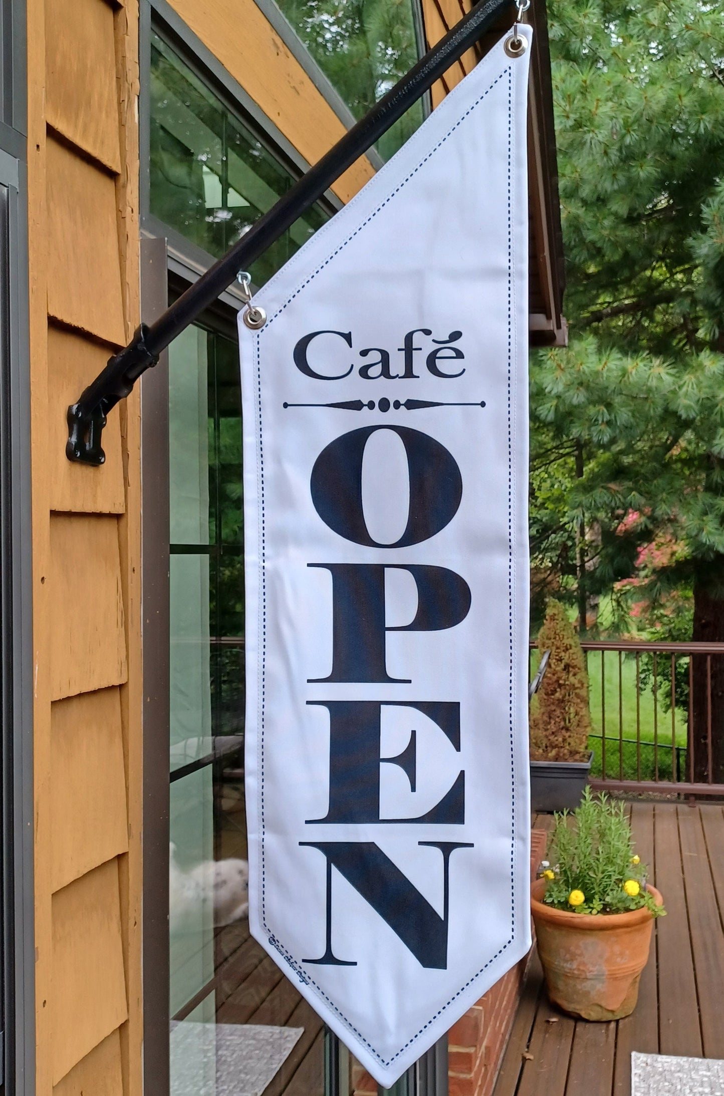 ELEGANT OPEN flag with Top Phrase on WHITE canvas * Antiques Gallery Bakery Cafe Coffee Salon Gifts Boutique Books