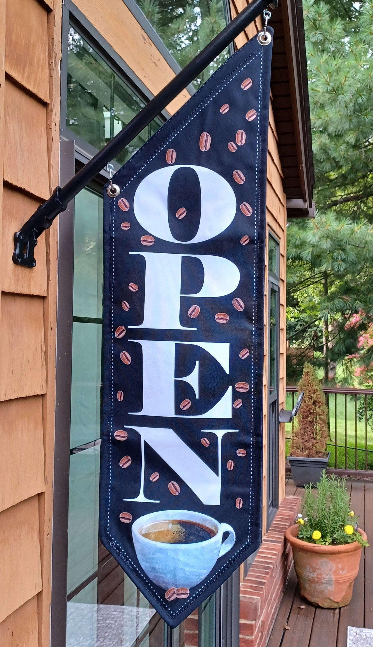 COFFEE OPEN FLAG with Beans and Coffee Cup * double sided * heavy weight canvas * handmade pole & bracket included