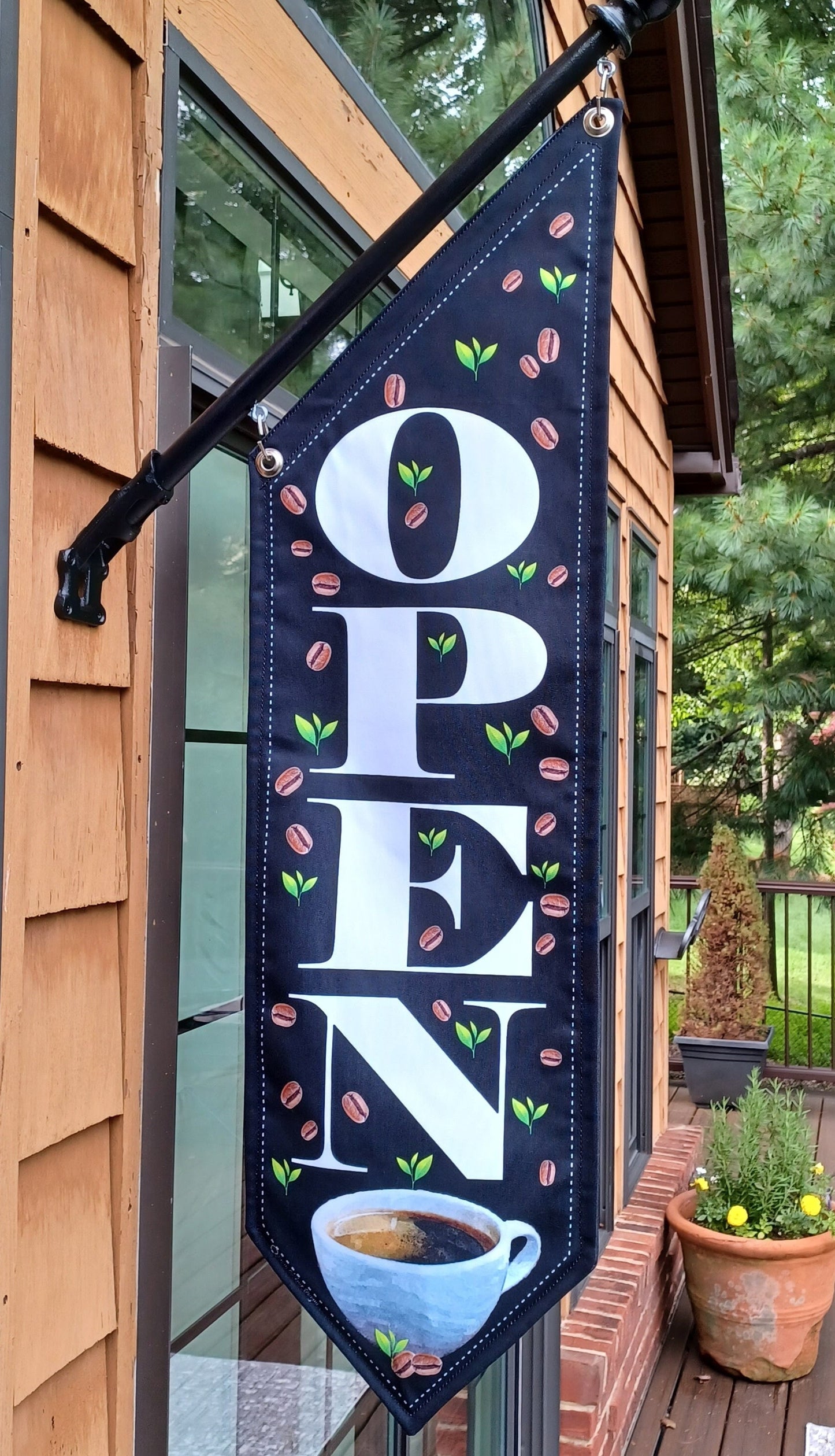 COFFEE OPEN FLAG with Beans and Coffee Cup * double sided * heavy weight canvas * handmade pole & bracket included