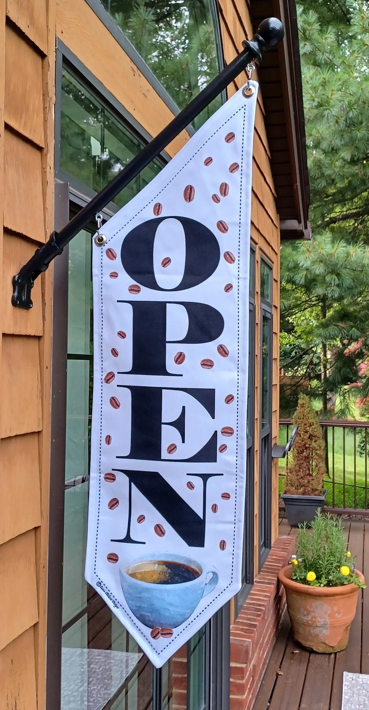 COFFEE OPEN FLAG with Beans and Coffee Cup * double sided * heavy weight canvas * handmade pole & bracket included