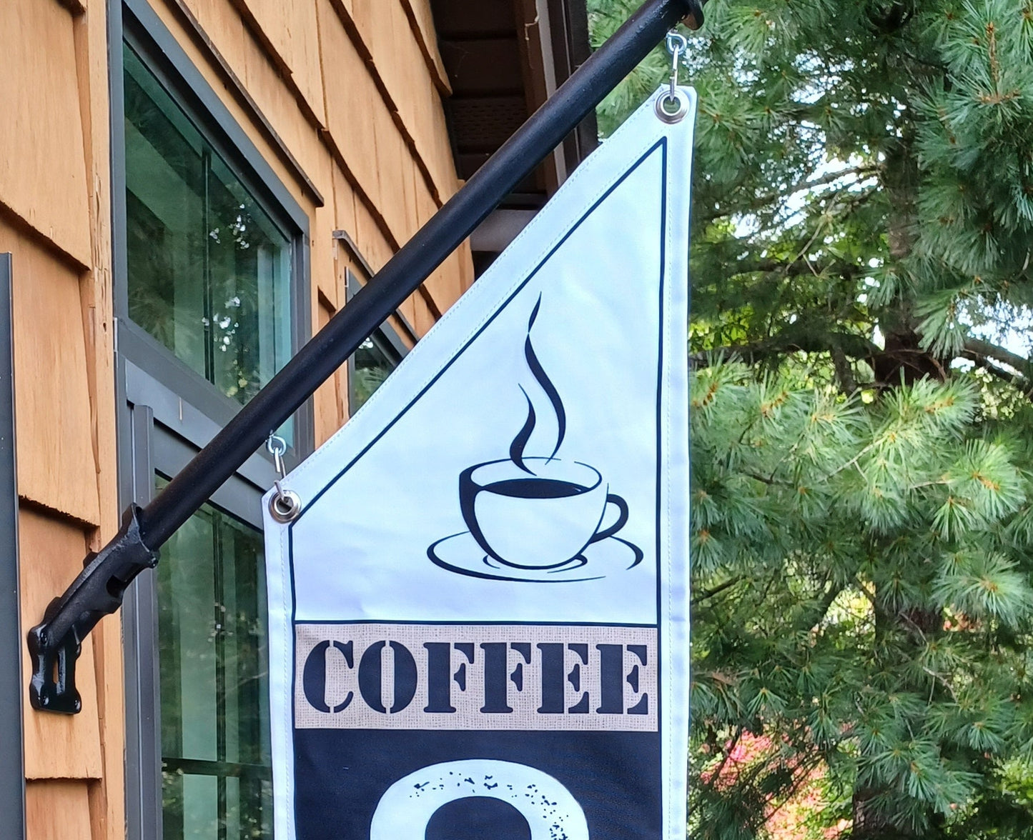 COFFEE OPEN FLAG burlap or black * double sided * heavy weight canvas * handmade pole & bracket