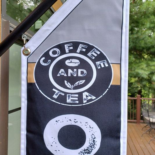 COFFEE and TEA OPEN Flag * double sided * heavy weight canvas * handmade pole & bracket included