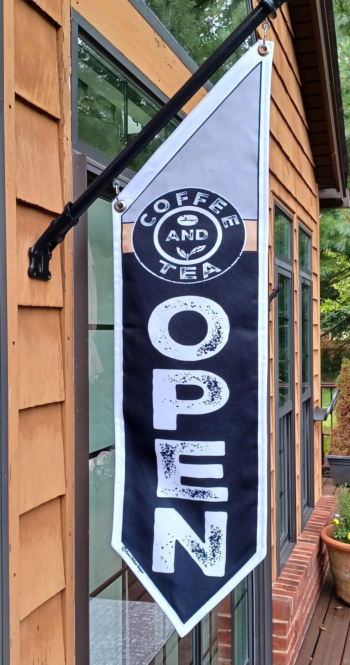 COFFEE OPEN FLAG burlap or black * double sided * heavy weight canvas * handmade pole & bracket