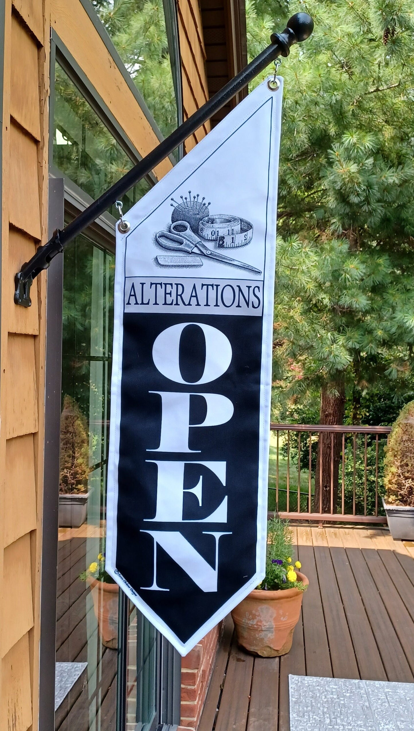 ALTERATIONS OPEN Flag * double sided * heavy weight canvas * handmade pole & bracket * Home Sewing * Tailoring * Mending * Home business