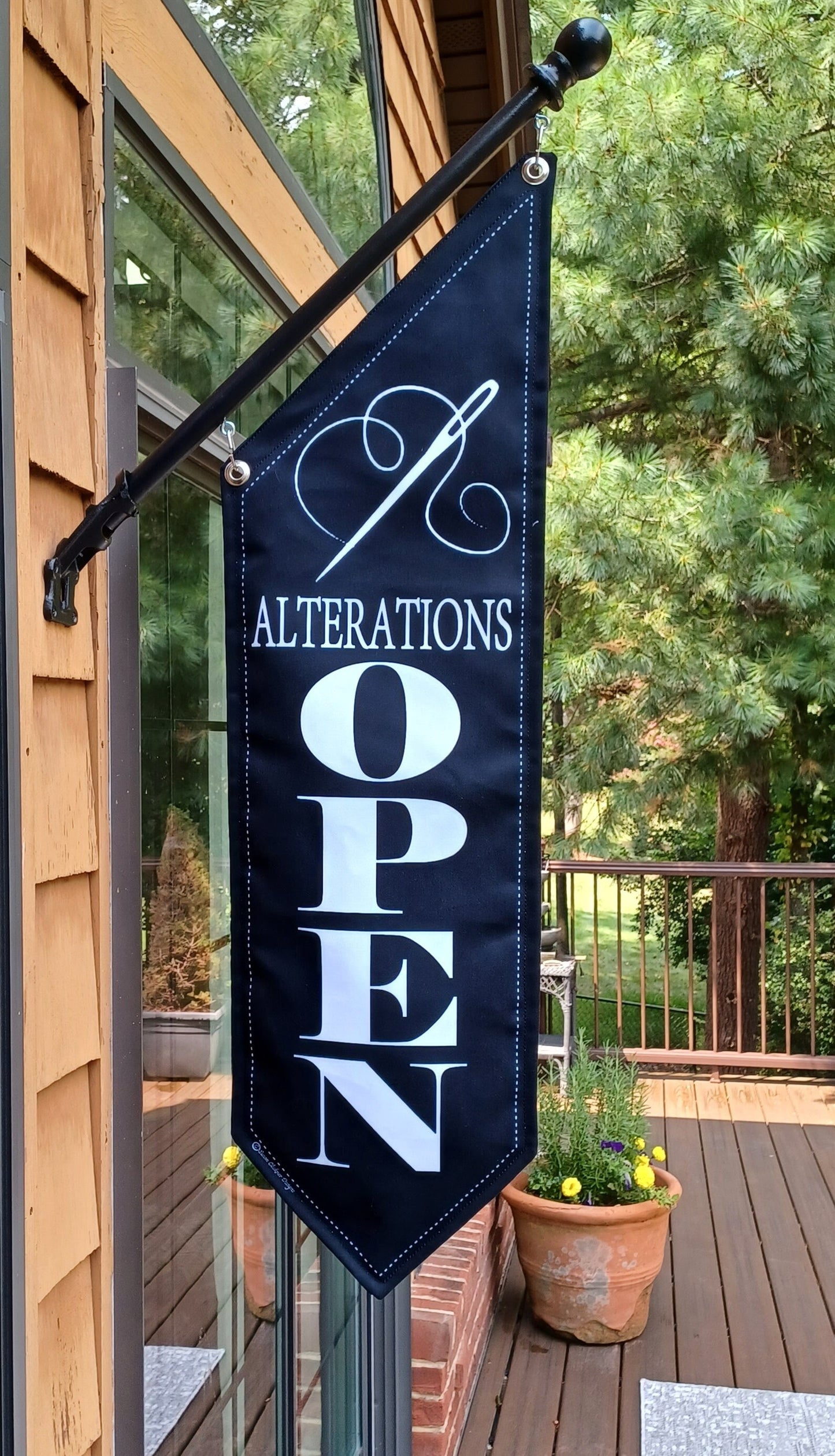 ALTERATIONS OPEN Flag * double sided * heavy weight canvas * handmade pole & bracket * Home Sewing * Tailoring * Mending * Home business