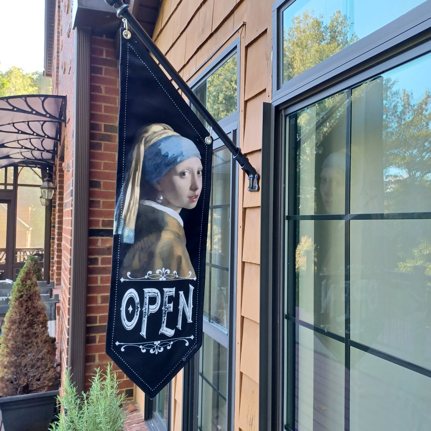 GIRL with the Pearl Earring OPEN flag * double sided * heavy weight canvas * handmade pole & bracket *  printed on both sides