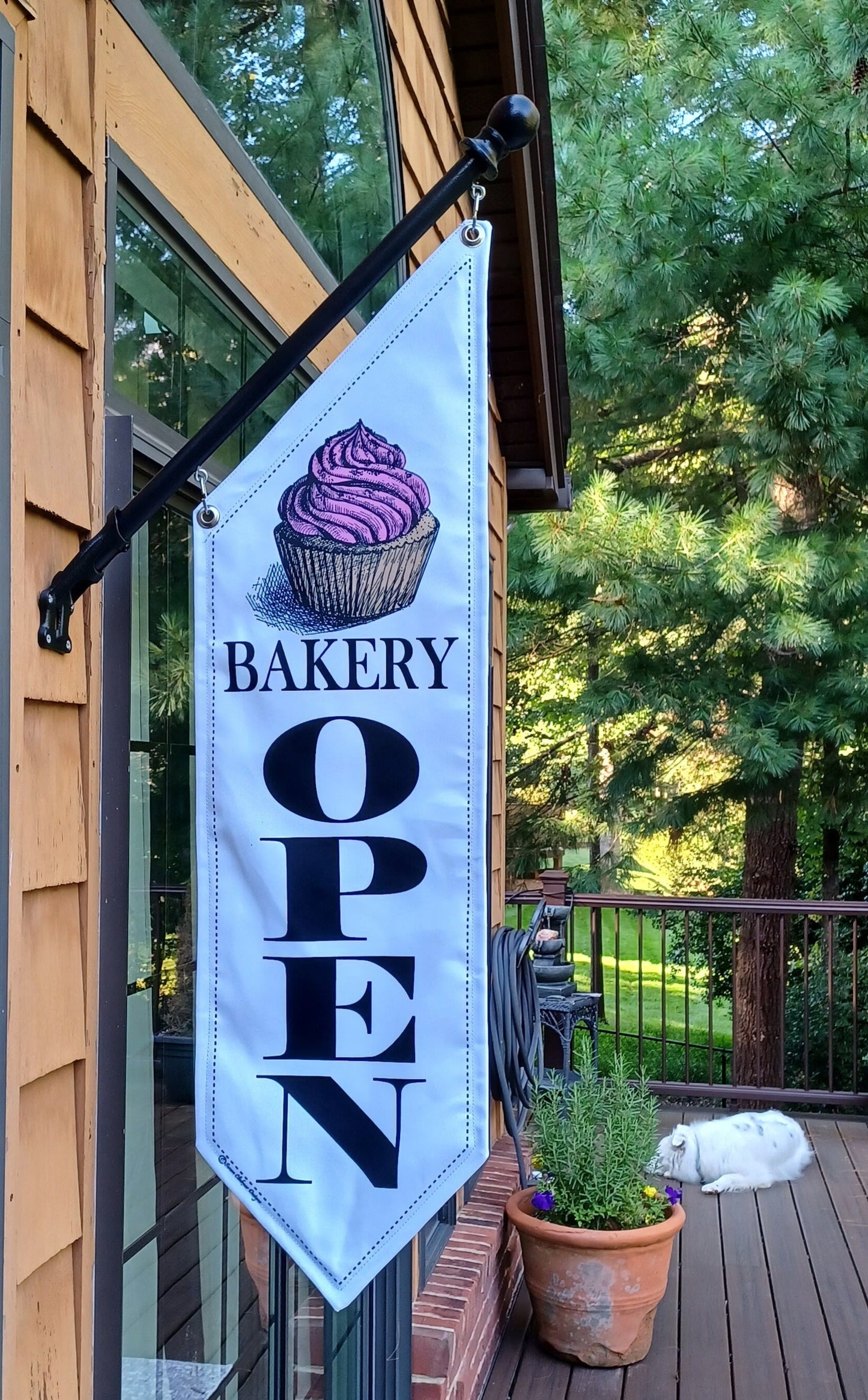 BAKERY CUPCAKE OPEN Flag * double sided * heavy weight canvas * handmade pole & bracket included * cupcake