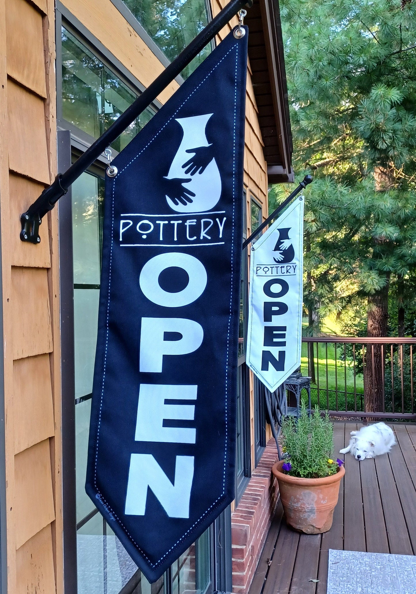 POTTERY OPEN FLAG * double sided * heavy weight canvas * handmade pole & bracket included *