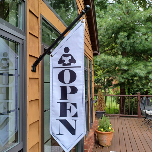 LIBRARY OPEN FLAG * double sided * heavy weight canvas * handmade pole & bracket included *