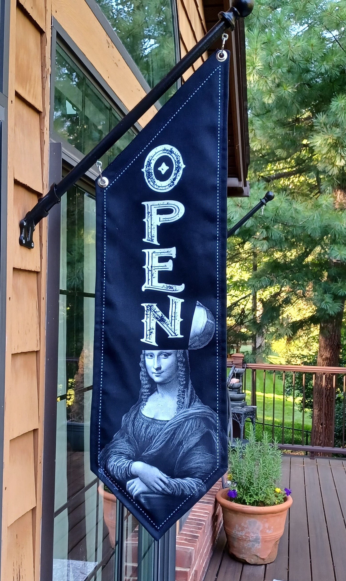 MONA LISA OPEN flag * double sided * heavy weight canvas * handmade pole & bracket *  printed on both sides